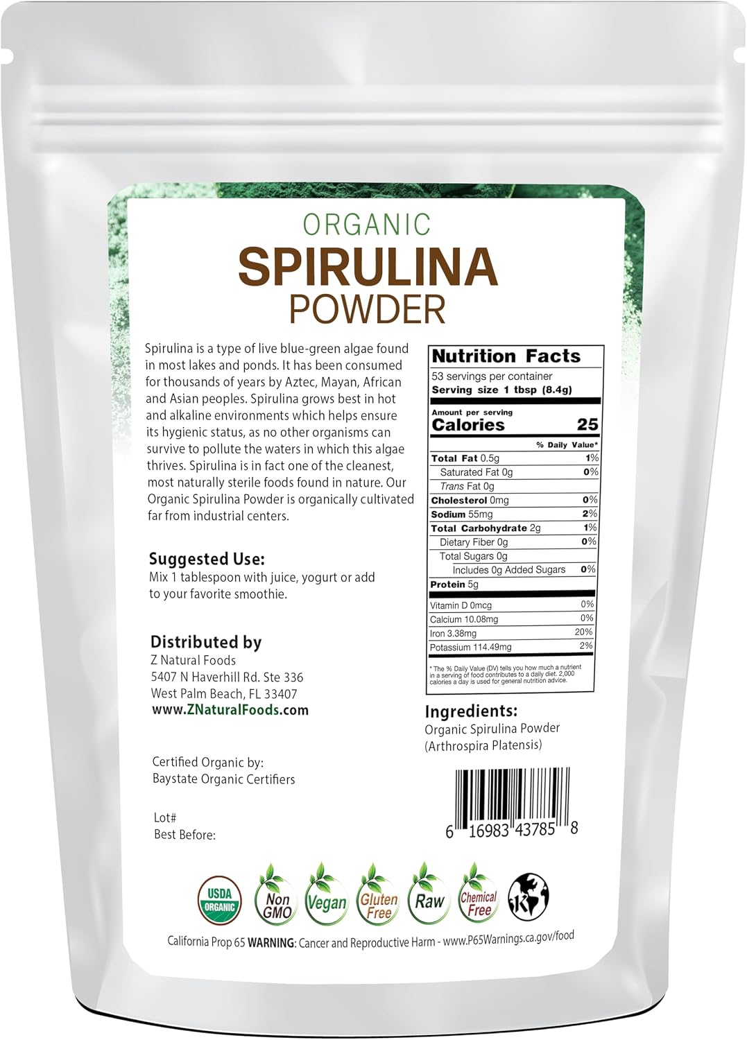 Z Natural Foods Organic Spirulina Powder - 16 oz (Pack of 1) | Organic, Blue-Green Algae Superfood, Spirulina, Raw, Contains Amino Acids, Mixes in Smoothies, Yogurt & Recipes