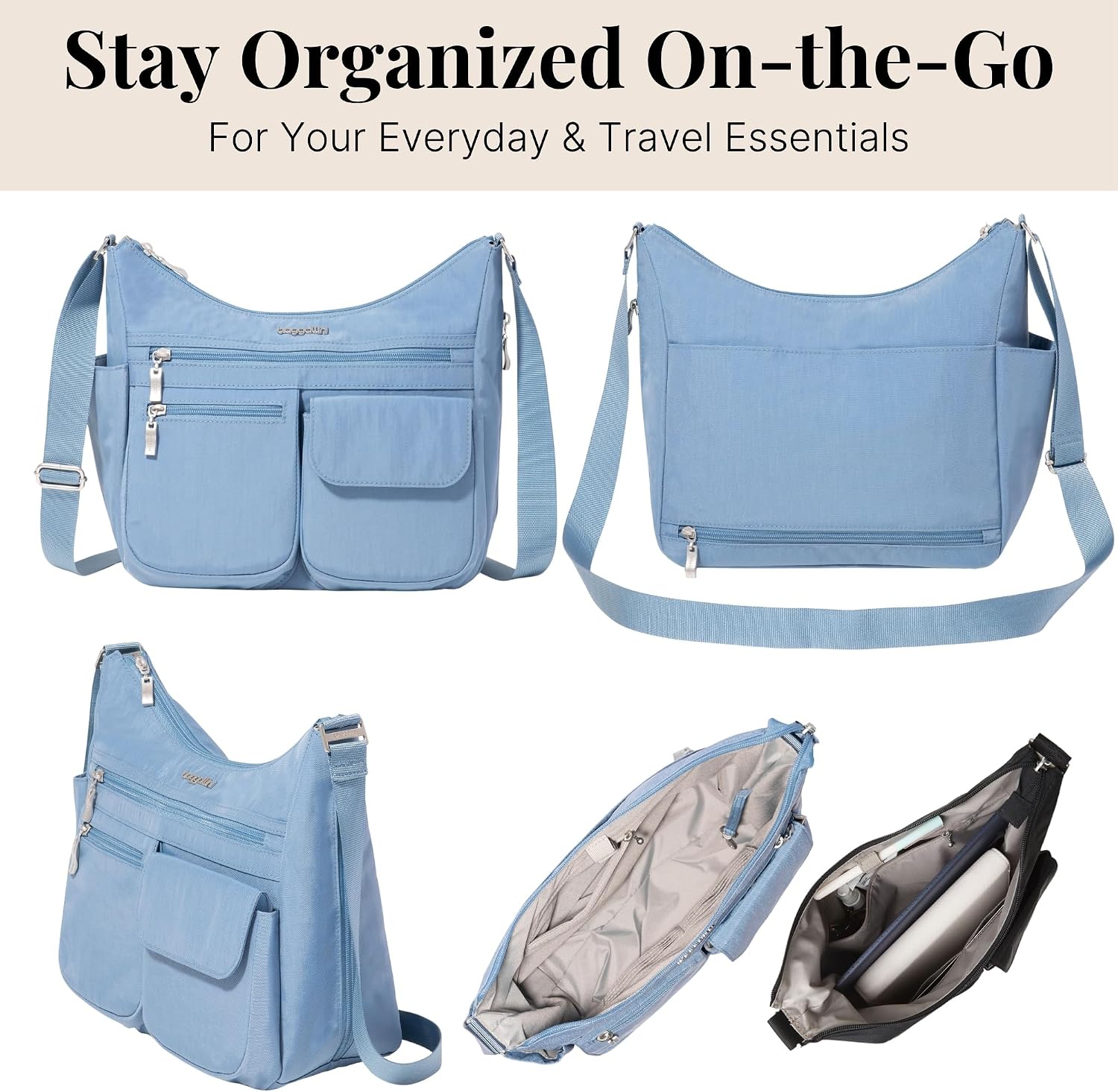 Baggallini womens Everywhere Bagg Crossbody Women 11x9 Lightweight Nylon Hobo Water-resistant Travel Bag W/Rfid