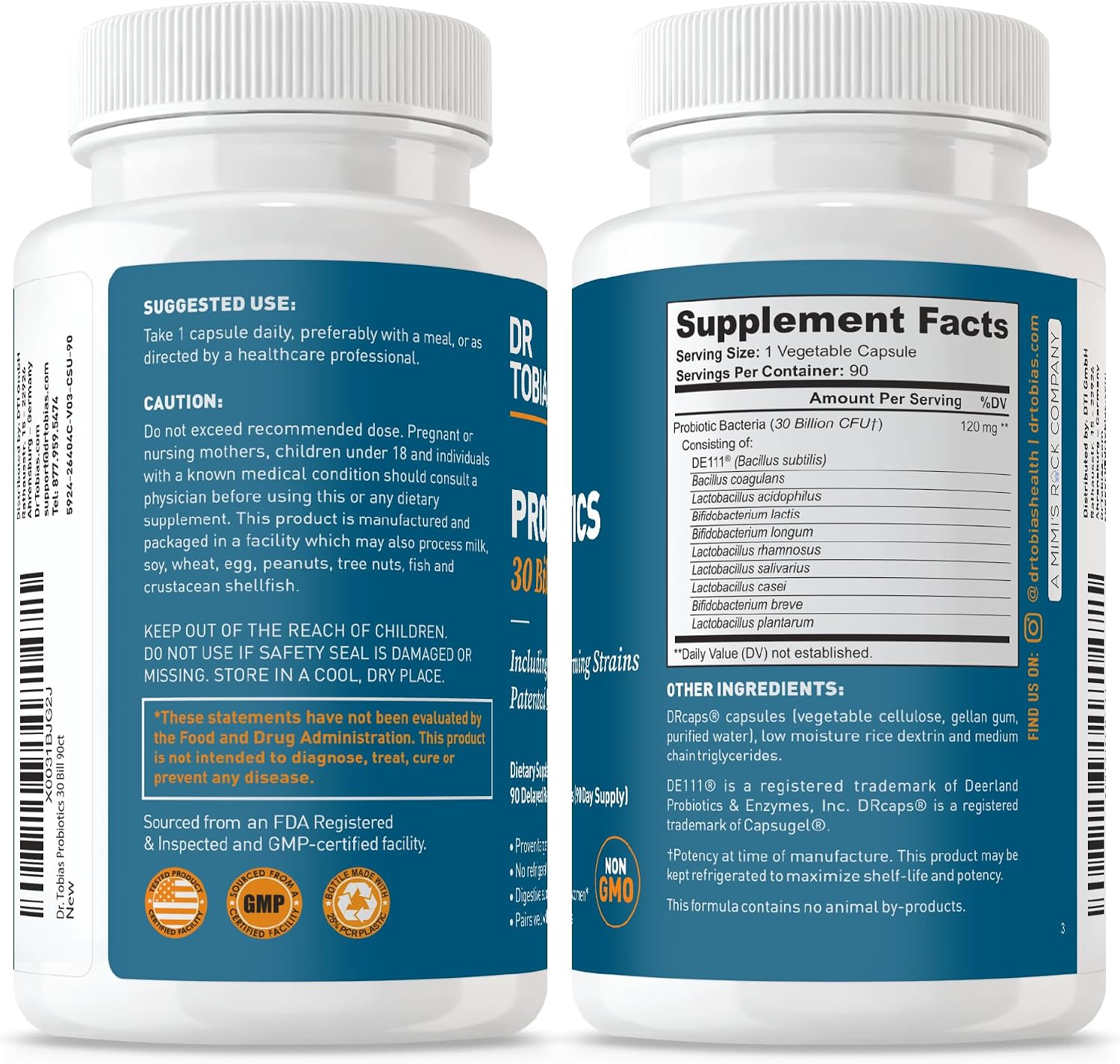Dr. Tobias Probiotics 30 Billion CFU 30 Capsules | Gut Health Support | Daily Digestive Support | 10 Probiotic Strains | Targeted Release Probiotics for Women & Men | Shelf Stable | 30 Servings