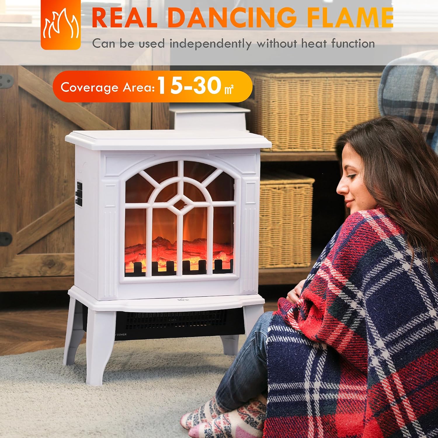 HOMCOM Electric Fireplace Stove 18" Freestanding Fireplace Heater Black | Realistic Flame, Overheating Protection, Portable, 750W/1500W