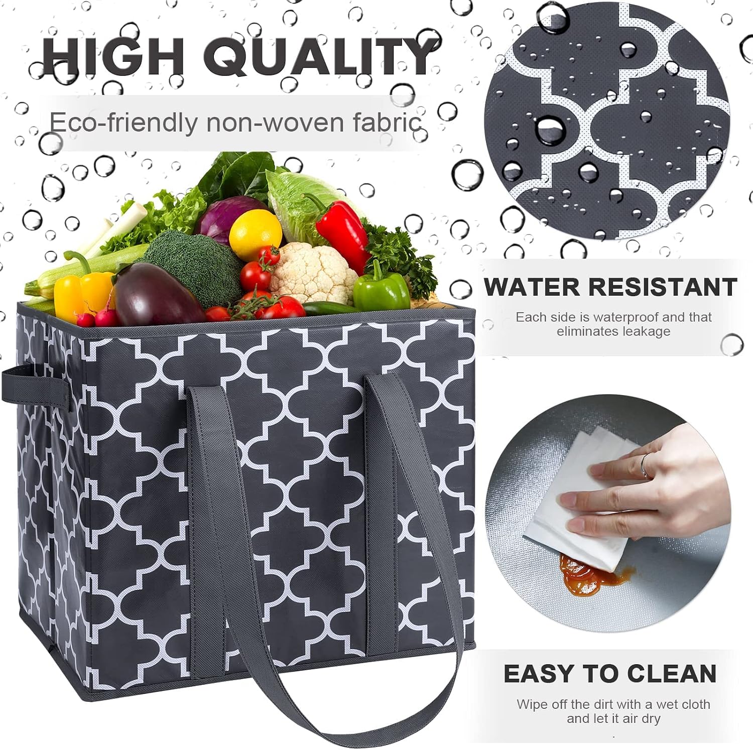 WISELIFE Reusable Grocery Bags 3-Pack Foldable Washable Large Storage Bins Basket Water Resistant Shopping Tote Bag Black