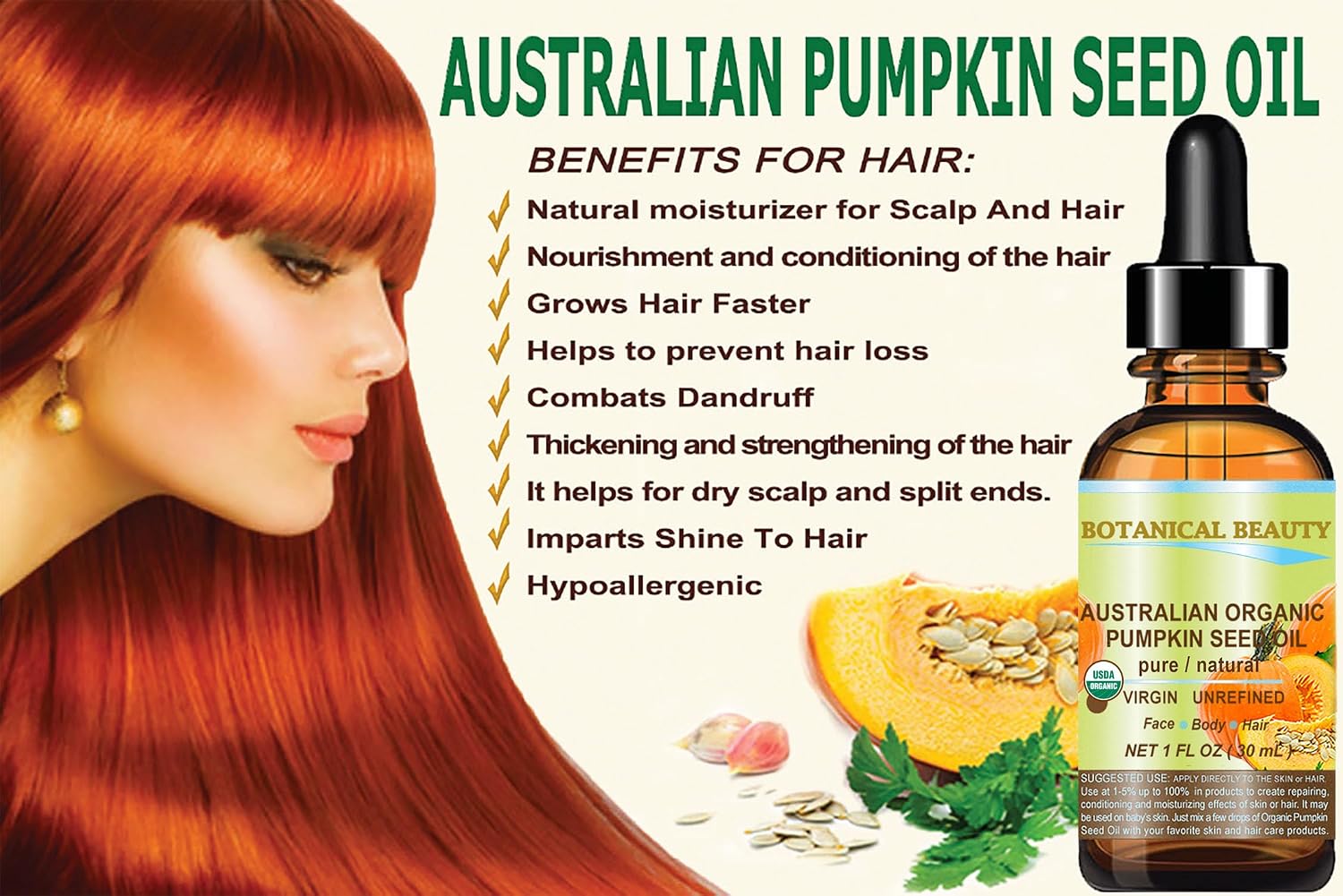 Botanical Beauty Australian ORGANIC PUMPKIN SEED OIL 100% Pure Natural Virgin Unrefined Cold Pressed Carrier Oil. 1 Fl.oz.- 30 ml. for Face, Skin, Hair, Lip, Nails