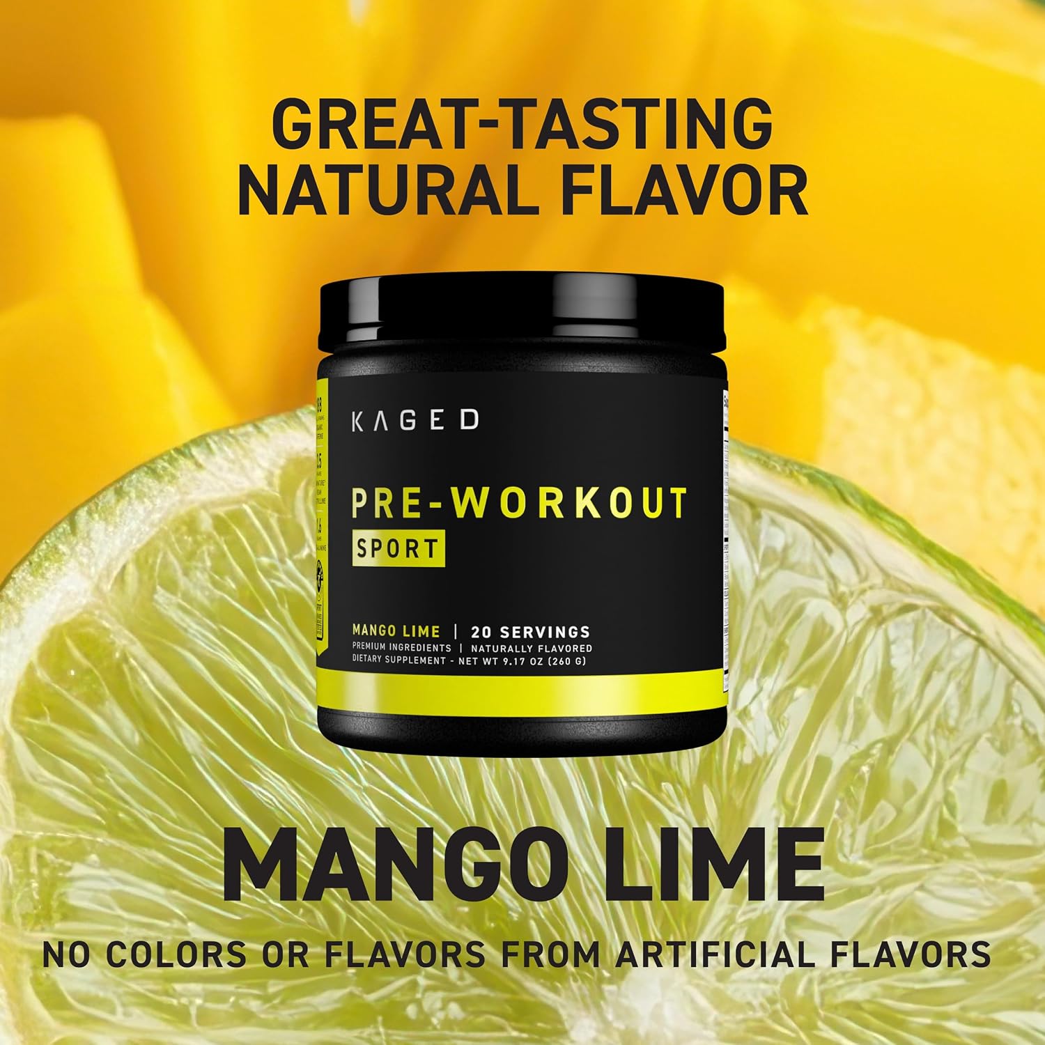 Kaged Sport Pre Workout Powder for Men & Women, Mango Lime, Sport Certified, 188mg Caffeine, Nitric Oxide Supplement, Beta Alanine for Energy