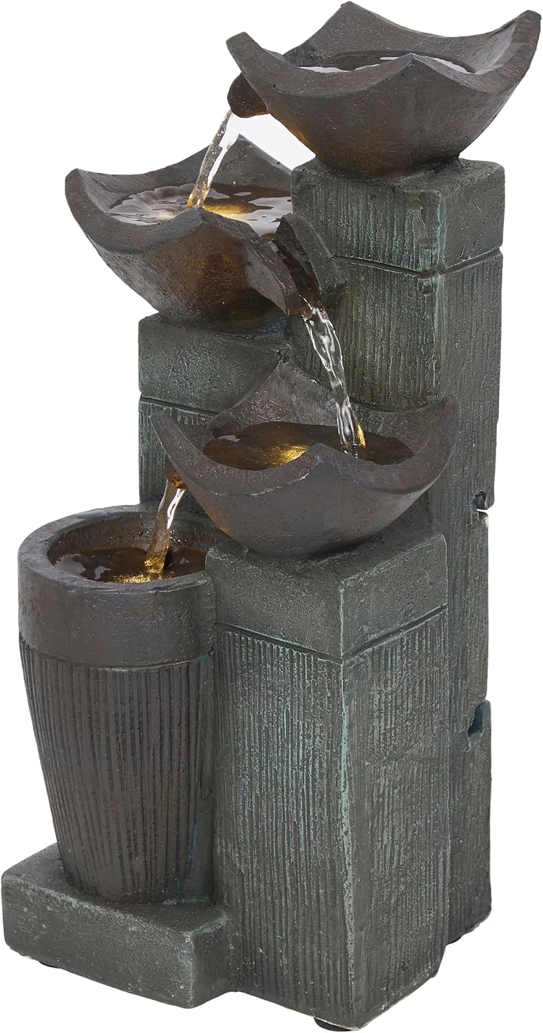 Alpine Corporation WIN326 Indoor Tabletop Light-Up Tiered Rainforest Tree Trunk Water Fountain with LED Lights, 11", Brown