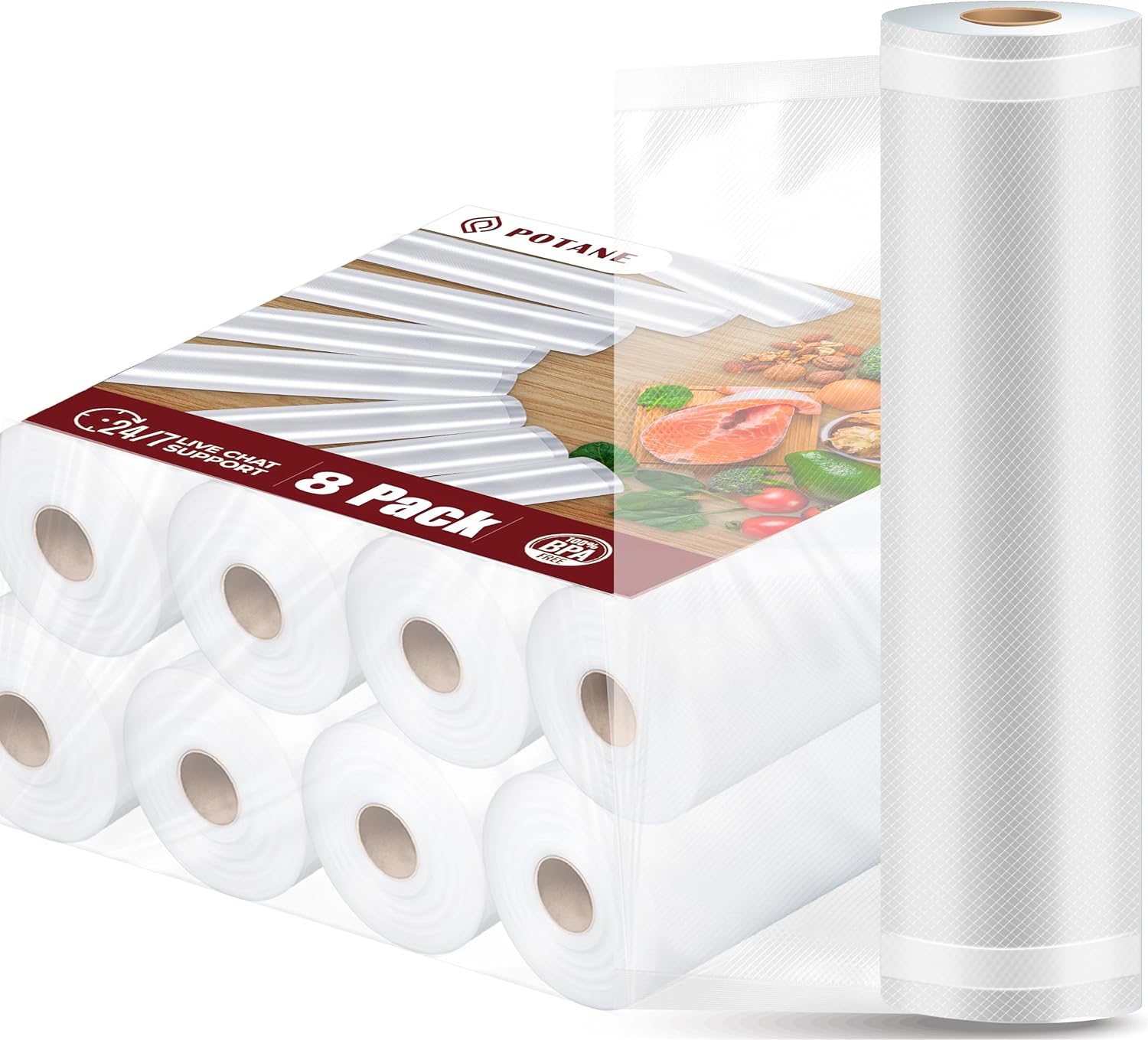 POTANE 6 Pack 11"x20'(3Rolls) and 8"x20' (3Rolls)Thickened Vacuum Sealer Bags, Smell-Proof, Puncture Prevention, Heavy duty for POTANE, Food Saver