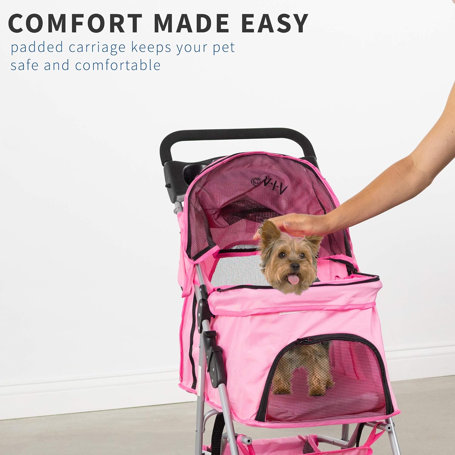 VIVO Black 4 Wheel Pet Stroller for Cat, Dog and More, Foldable Carrier Strolling Cart, STROLR-V001K