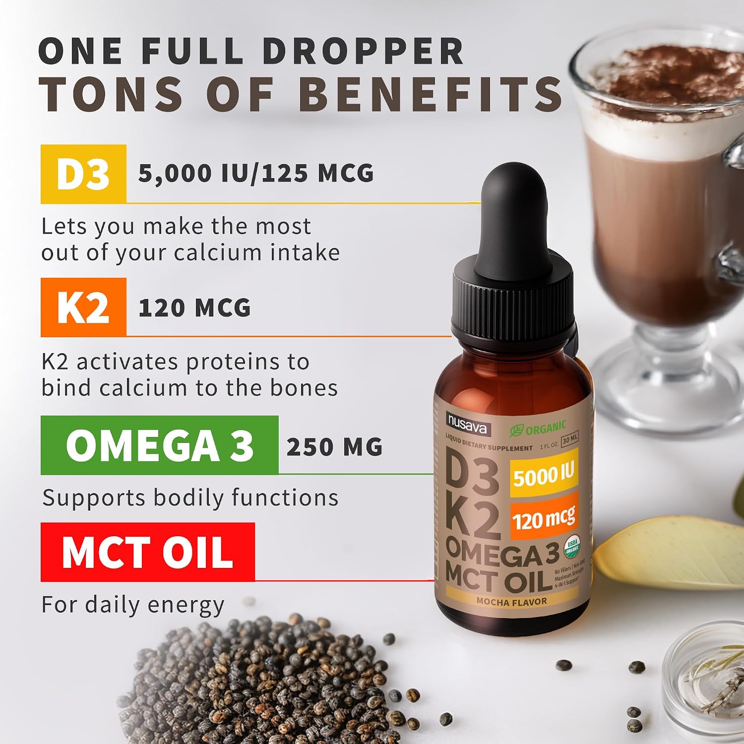 Nusava Organic Vitamin D3 K2 Drops with MCT Oil, Unflavored, Pack of 2
