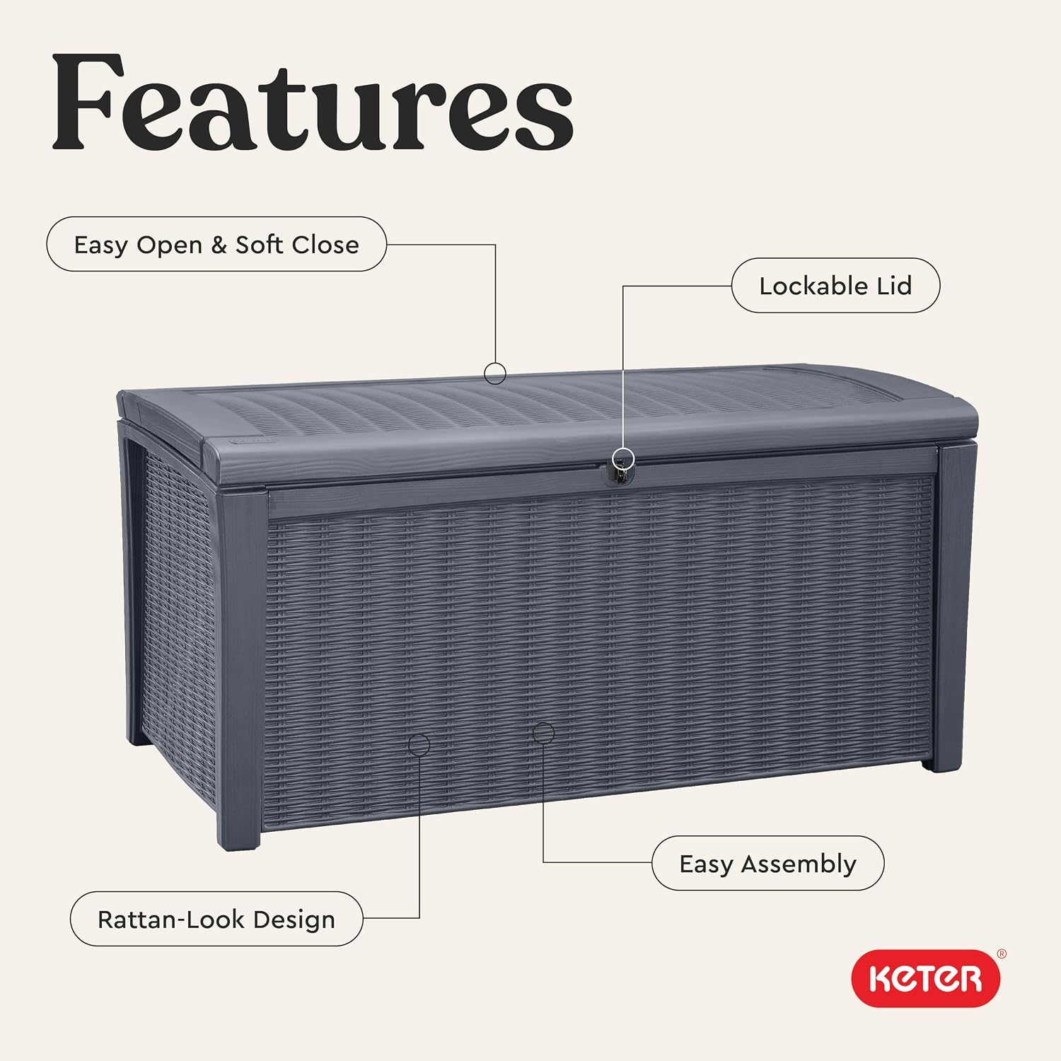 Keter Borneo 110 Gallon Resin Deck Box - Organization and Storage for Patio Furniture, Outdoor Cushions, Throw Pillows, Garden Tools and Pool Toys, Brown | for Patio, Backyard & Garden - Lockable, Organizing, and Waterproof Plastic Container Bench