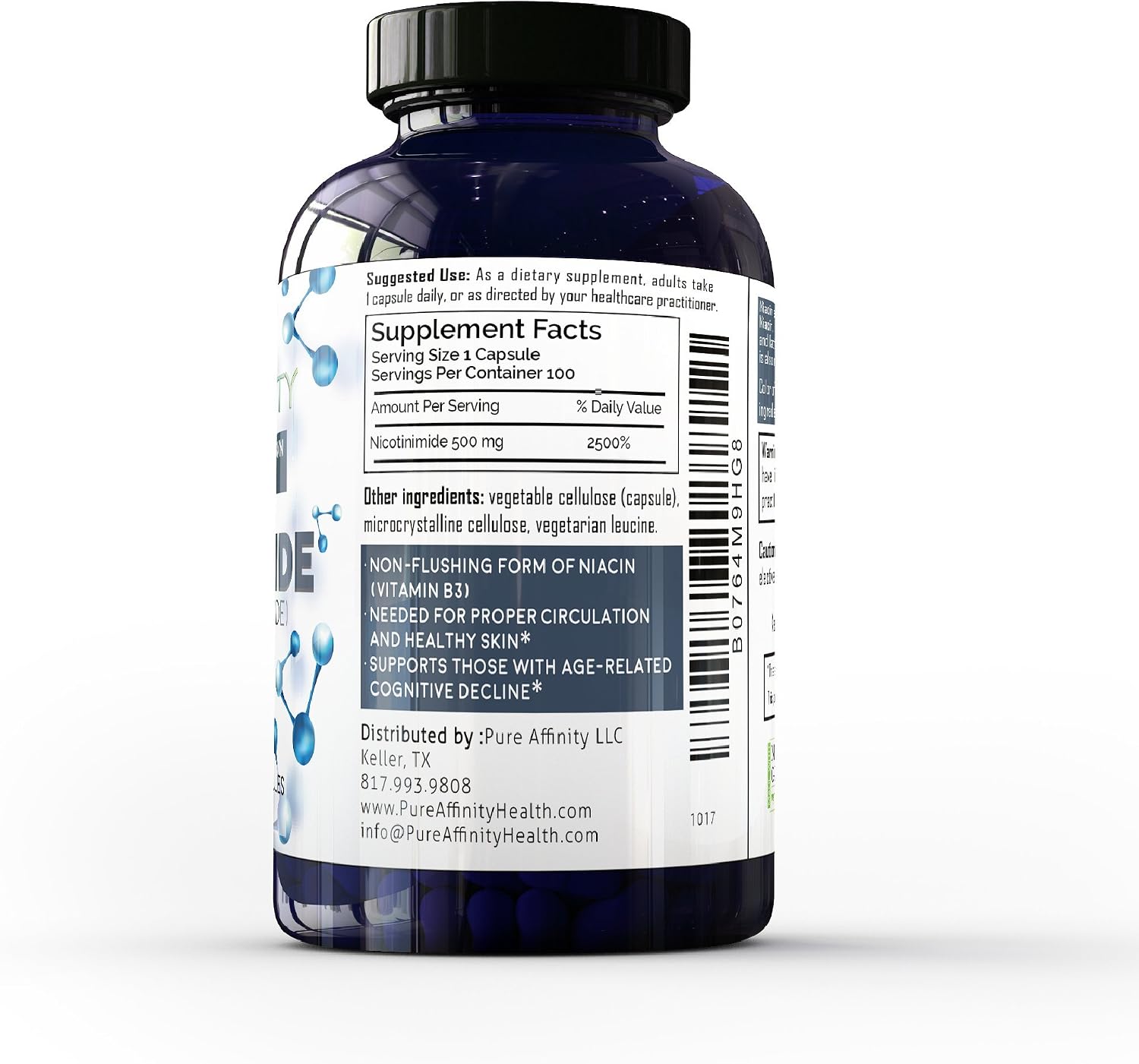 B3 Nicotinamide 500 mg Effective Flush-Free Niacin. Energy Booster, Cell Regenerator, That Supports Cognitive Decline