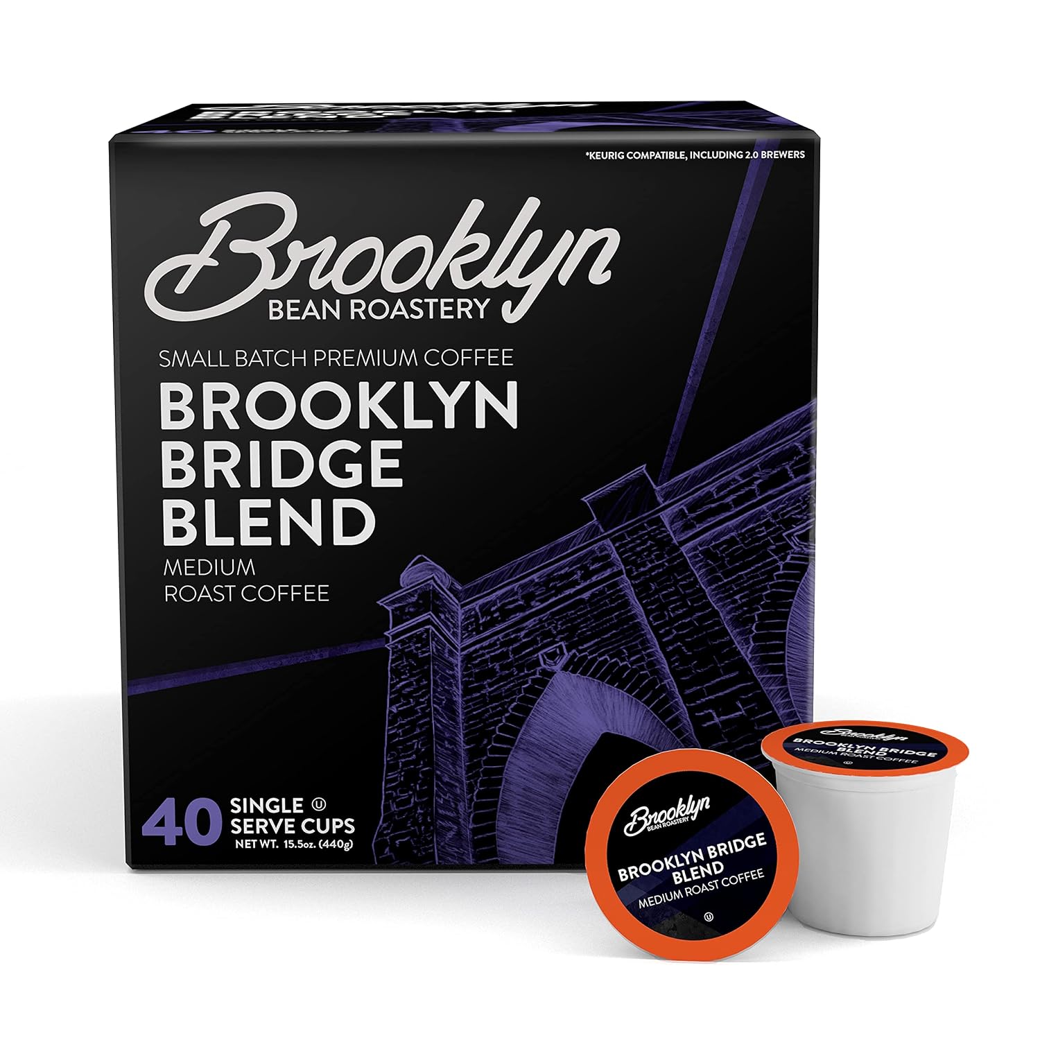 Brooklyn Beans Colombian Gourmet Coffee Pods - Compatible with Keurig K Cup Brewers Including 2.0 Machines, 40 Count, Rich and Smooth Colombian Medium Roast