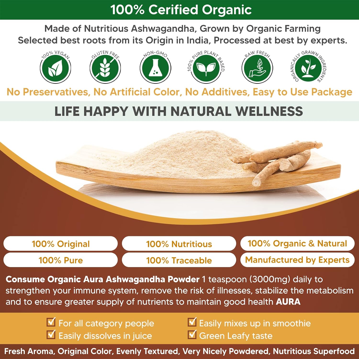 Certified Organic Ashwagandha Root Powder 16Oz -1Lb. Natural Stress, Brain and Immune Support. Enhances Overall Health. Raw Superfood. 100% Natural Herbal