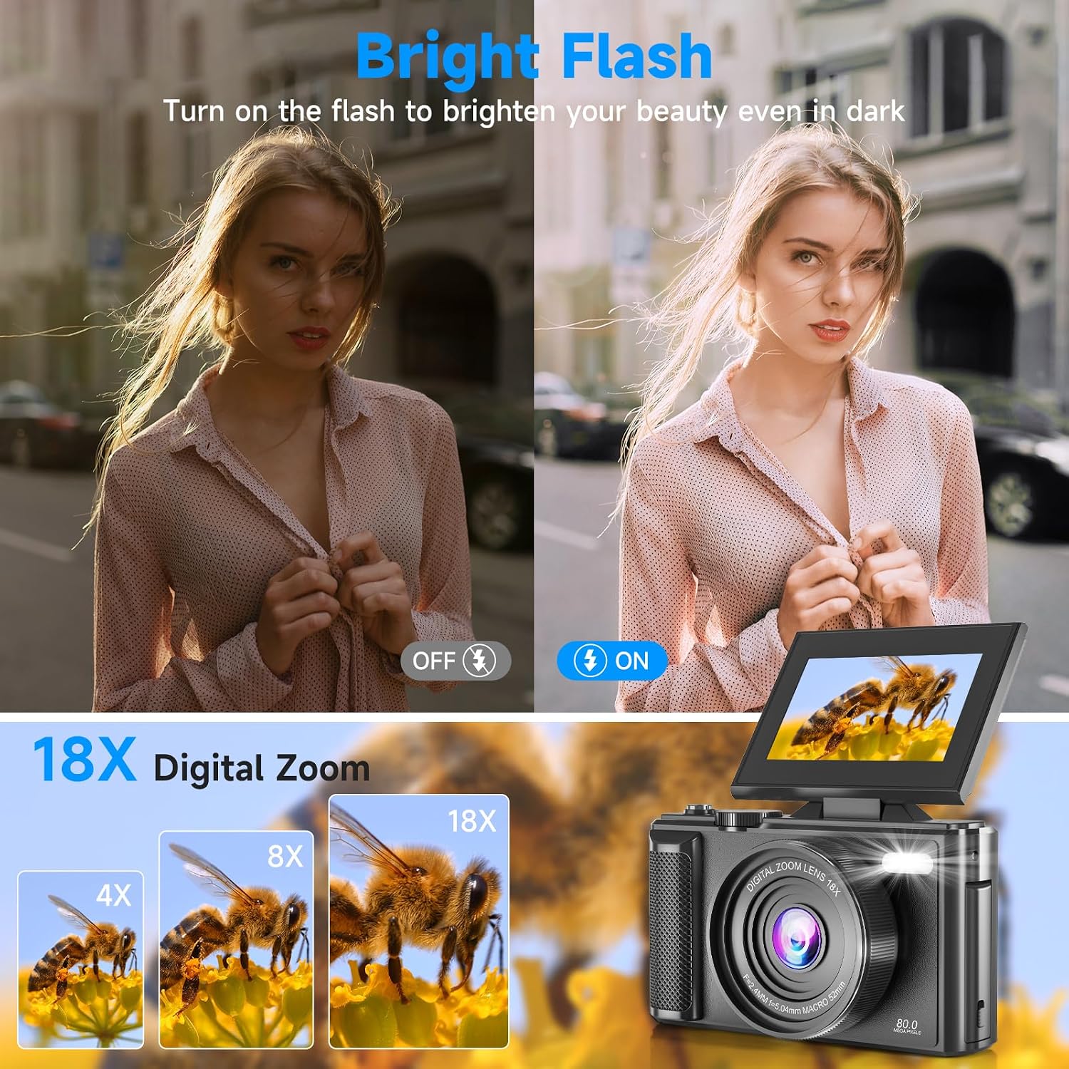 5K Vlogging Digital Camera for Beginners, 80MP Travel Camera for Photography with 32GB Card, 18X Zoom Portable Compact Camera with 180° Flip Screen