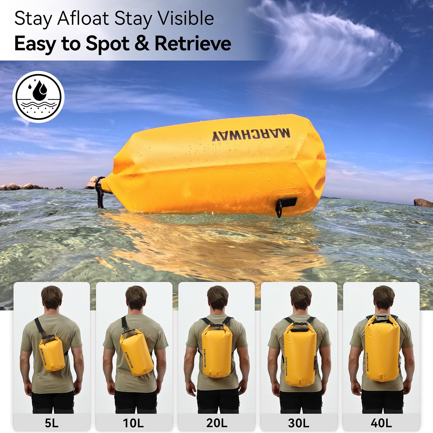 MARCHWAY Floating Waterproof Dry Bag Backpack 5L/10L/20L/30L/40L, Roll Top Sack Keeps Gear Dry for Kayaking, Rafting, Boating, Swimming, Camping, Hiking, Beach, Fishing