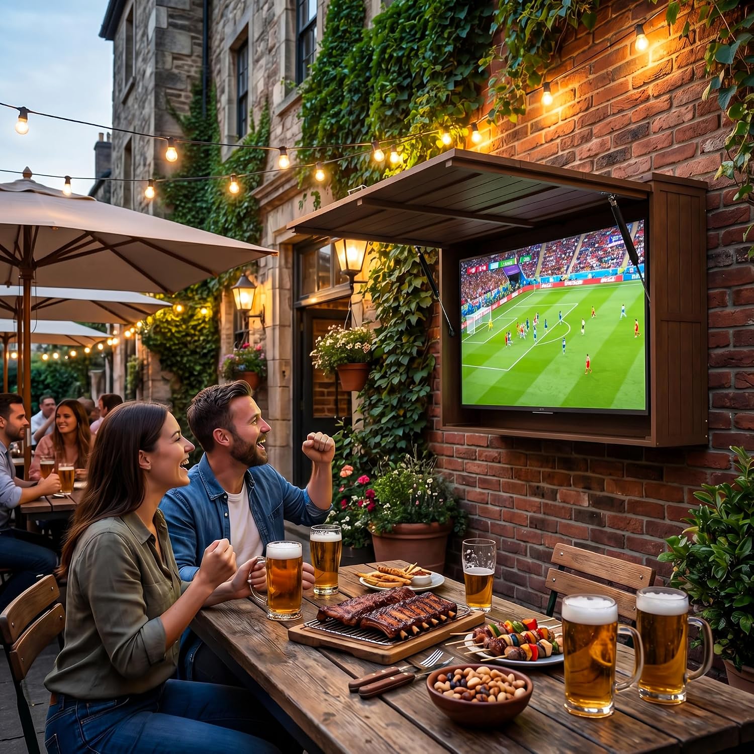 Outdoor TV Enclosure, Fit for 32-55 Inch TV, Solid Wood Wall-Mounted TV Cabinet with Dual-Arm Steel Bracket, Includes 600D TV Cover (Walnut Color)