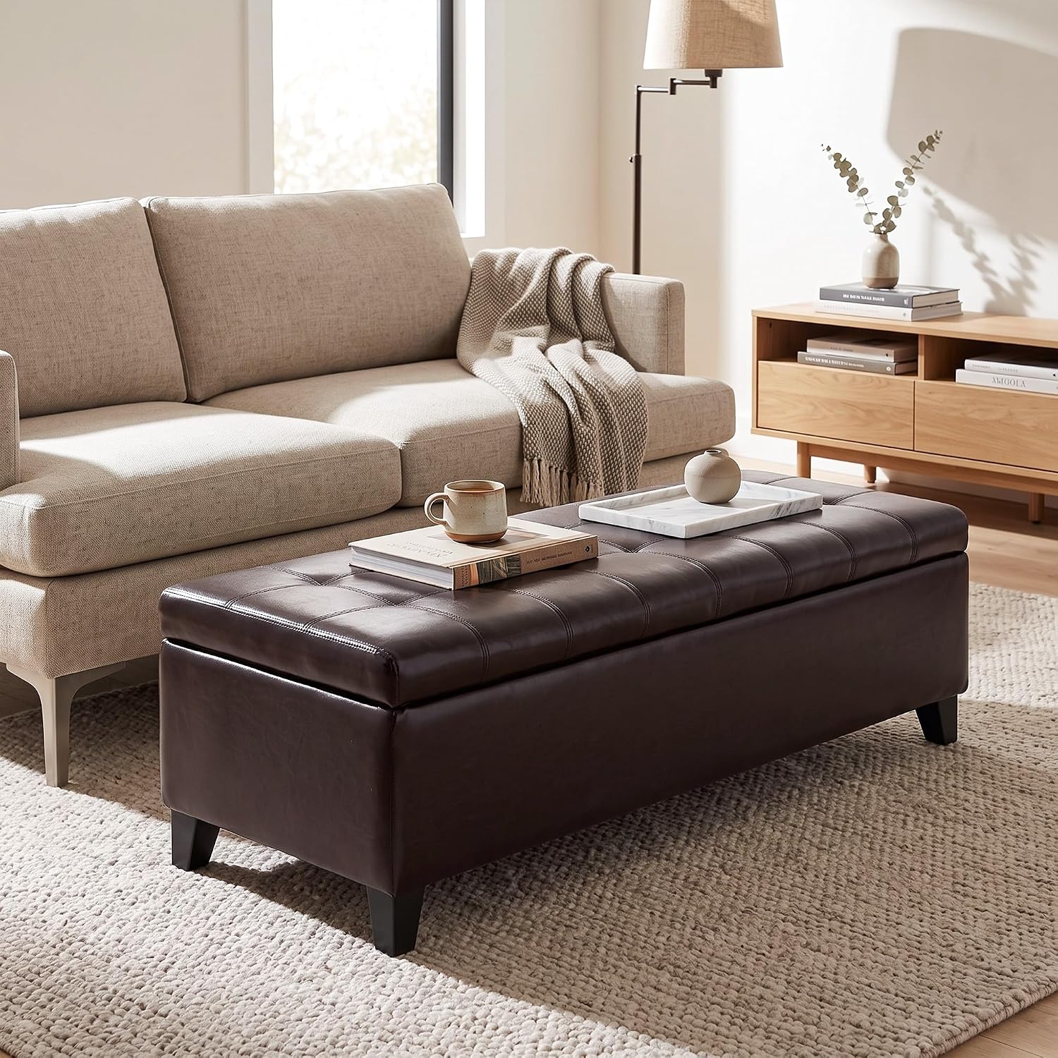 HOMCOM 51" Ottoman Storage Bench Faux Leather Storage Chest Black | Lift Top, Tufted Ottoman, Living Room, Entryway