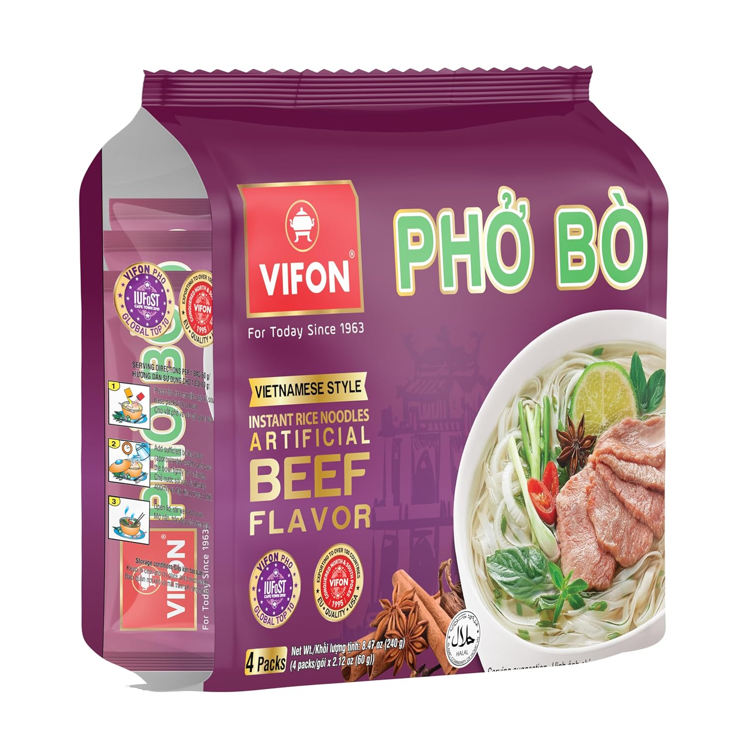 VIFON Phở Bò Vietnamese Style Instant Rice Noodles, 2.11 oz (Pack of 24) | Halal Certified | Authentic Vietnamese Phở | Ready in 3 Minutes