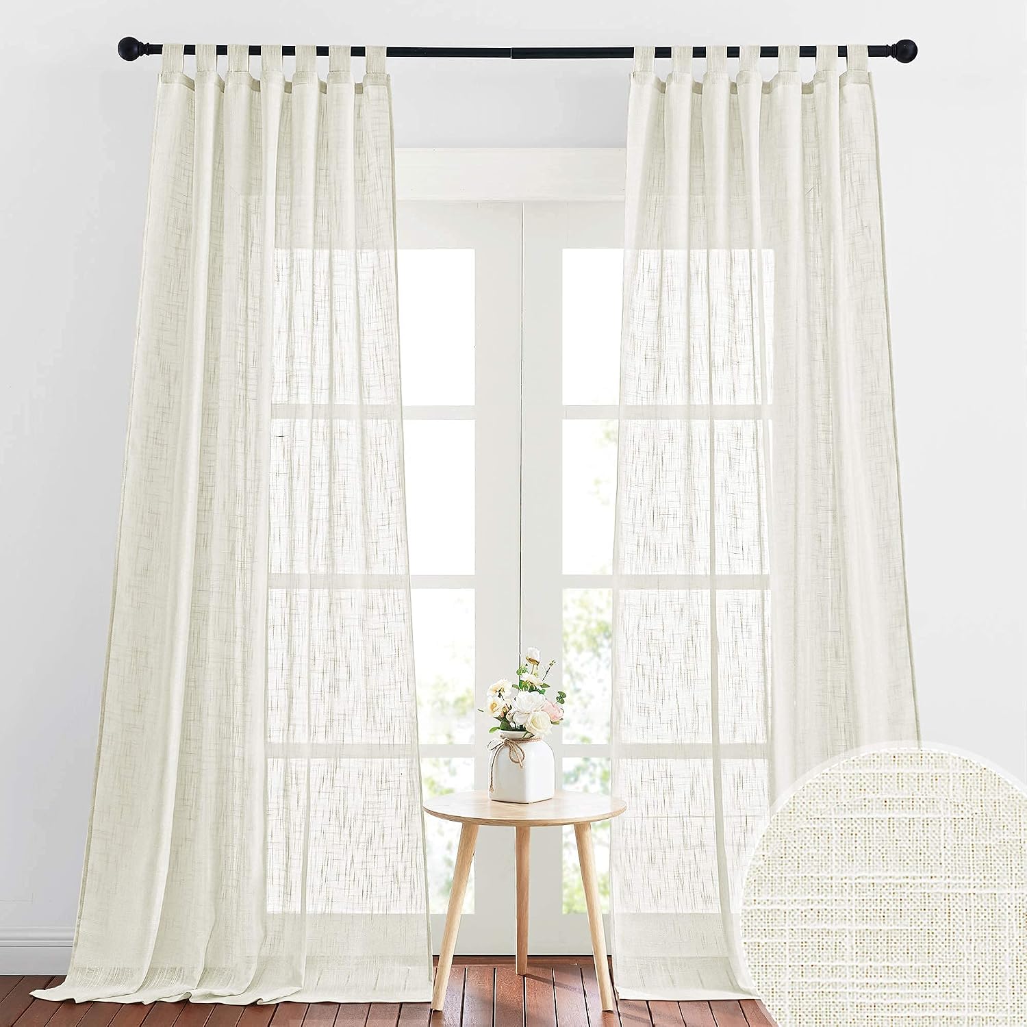 RYB HOME Linen Sheer Curtains - Linen Textured Semi Sheer Curtains for Kids Nursery Bedroom Living Room Window