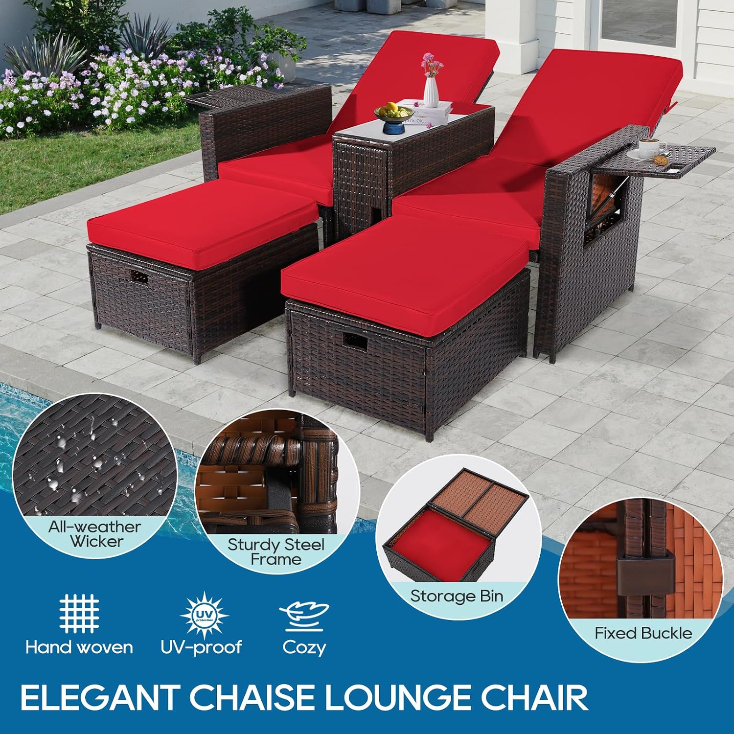 5PCS Outdoor Wicker Chaise Lounge Chair - Rattan Adjustable Reclining Patio Lounge Chair with Ottoman and Coffee Table