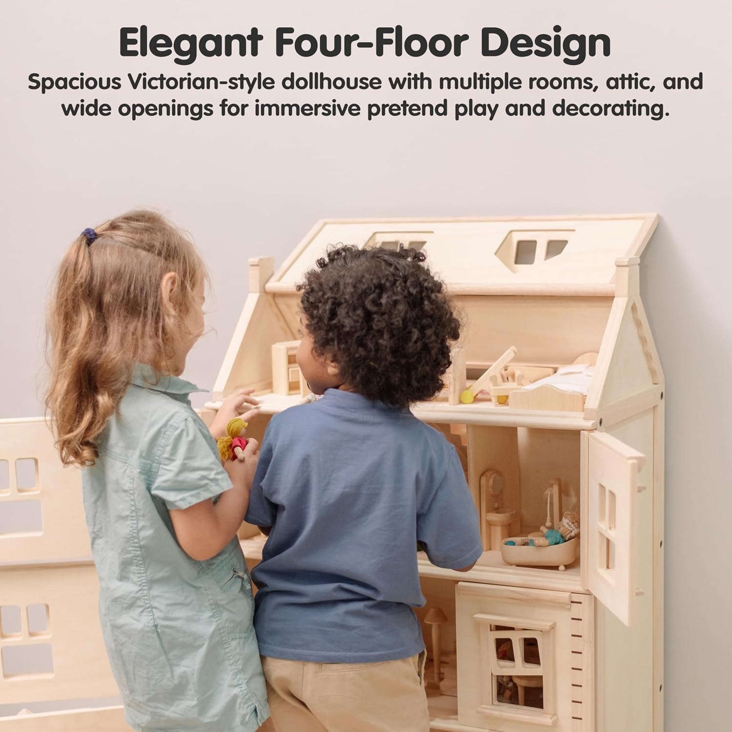 PlanToys® Green Wooden Dollhouse with Solar Panel, Wind Turbine & Furniture | recycling system, eco-friendly doll house, sustainable pretend play, kids, girls, environmental learning gift for boys