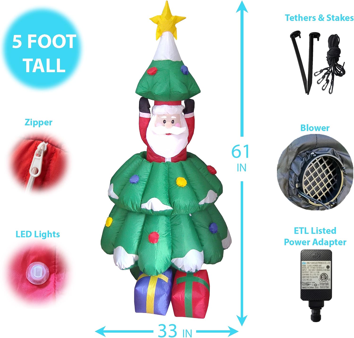 5 FT Animated Lighted Christmas Inflatable Santa Claus Rising from Tree | Outdoor Indoor Yard, Built-in LED Lights, Self-Inflating Blower