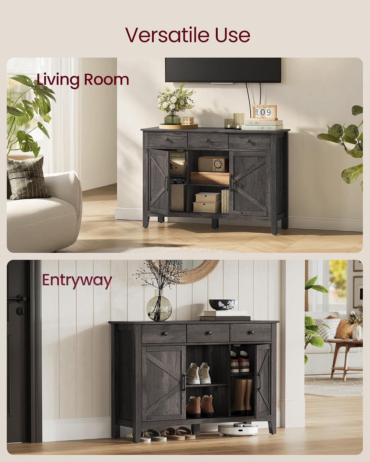 VASAGLE LIRY Collection - Storage Cabinet, Buffet Cabinet, Sideboard, Credenza, with Adjustable Shelves, for Entryway, Rustic White and Honey Brown ULSC381W01