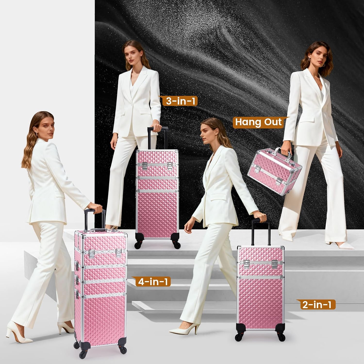 Stagiant Rolling Makeup Case Cosmetology Case on Wheels 4 in 1 Large Cosmetic Organizer Train Case Makeup Travel Case with Key Swivel Wheels Nail