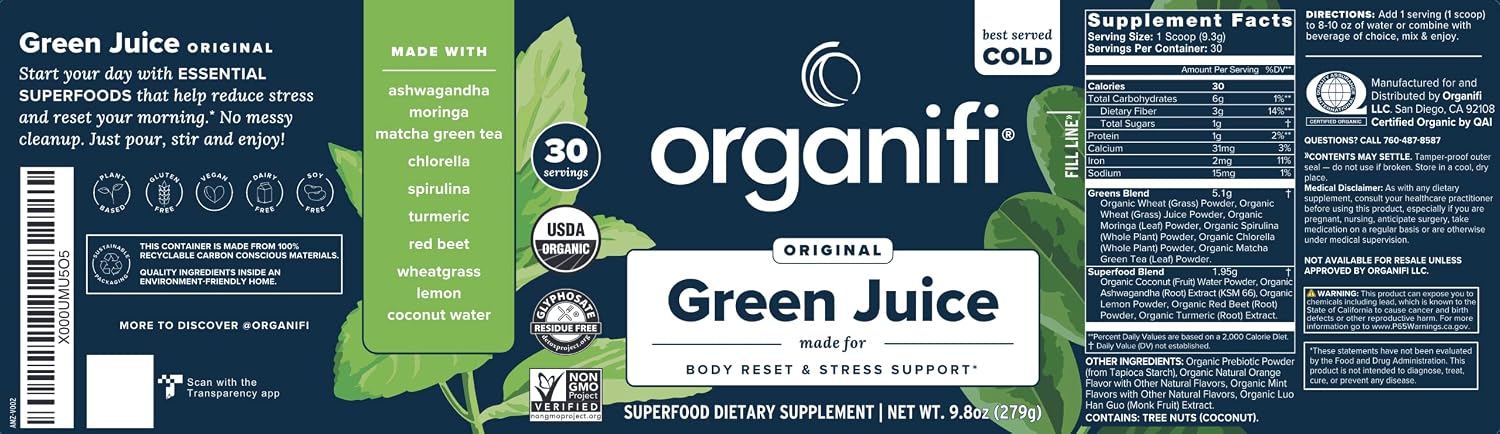 Organifi Green Juice - Powder Supplement with Organic Spirulina, Ashwagandha, and Chlorella - Helps Achieve Fitness Goals and Reduce Cortisol Levels, 30-Day Supply