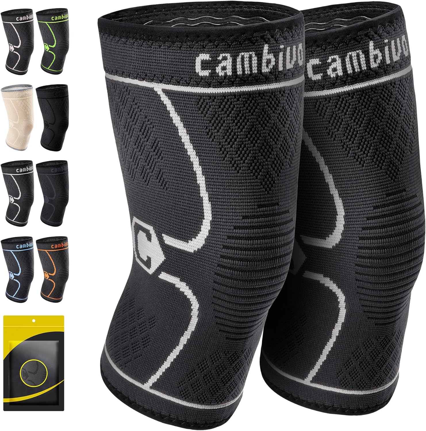 CAMBIVO 2 Pack Knee Braces for Women & Men, Knee Compression Sleeves for Knee Pain Relief, Knee Support with Non-Slip Silicone, Breathable, for Running, Workout, Weightlifting & Daily Use, Arthritis Support (Black, Medium)