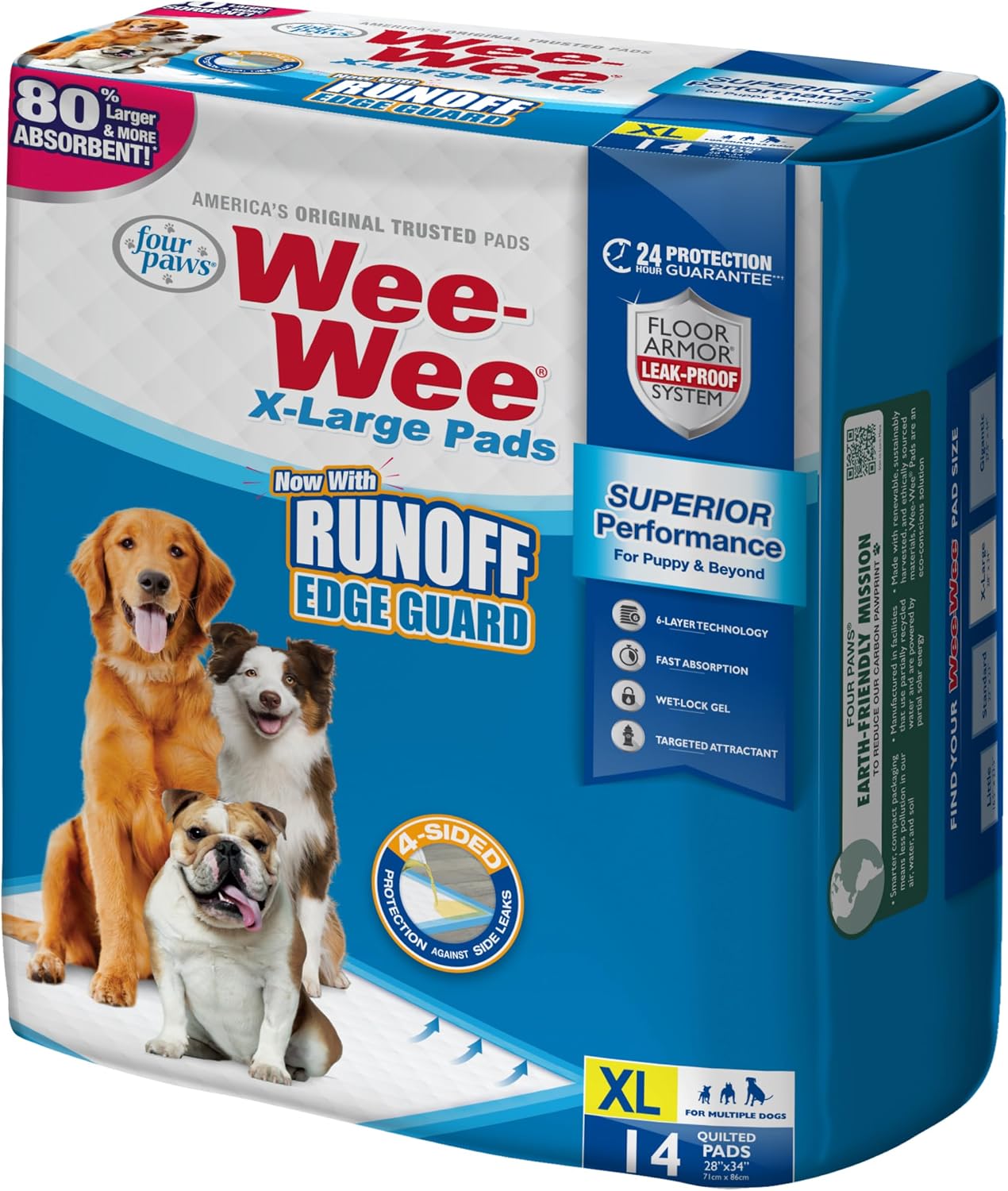 Four Paws Wee-Wee Superior Performance X-Large Dog Pee Pads, 40 Count | Puppy & dog potty training pads, housebreaking supplies, xl puppy pads, pet supplies, 24-hour floor protection, 28" x 34"