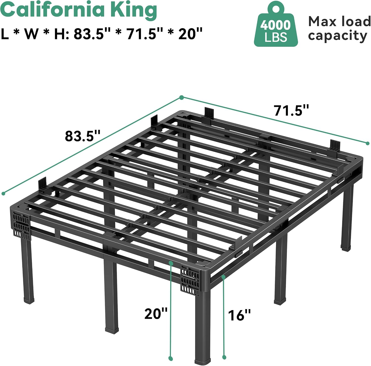 Superay 24 inch HIgh Queen Bed Frame with Rounded Legs, Double Layer Design | Metal Bed Frame & Box Spring 2 in 1 High Platform with Matress Gasket & headboard Adapter, Heavy Duty Support 4000lbs, Black