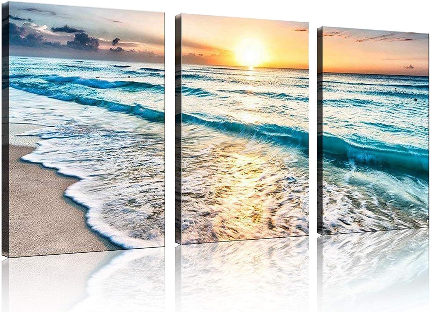 TutuBeer 3 Panel Beach Canvas Wall Art for Home Decor Blue Sea Sunset White Beach Painting the Picture Print on Canvas Seascape the Pictures for Home Decor Decoration,Ready to Hang