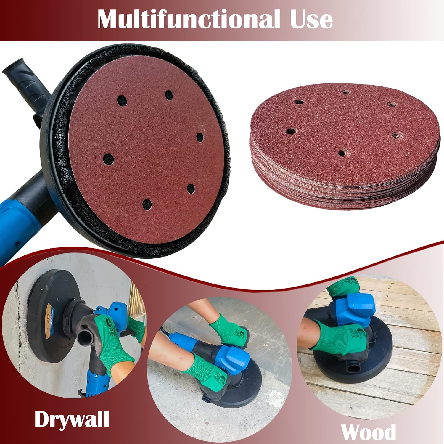 Tonmp 50 PCS 9 Inch 6 Hole Drywall Sanding Discs Set -10 Each of 60 80 120 150 240 Grits, 9" Hook-and-Loop Sandpaper for Electric Drywall Sander