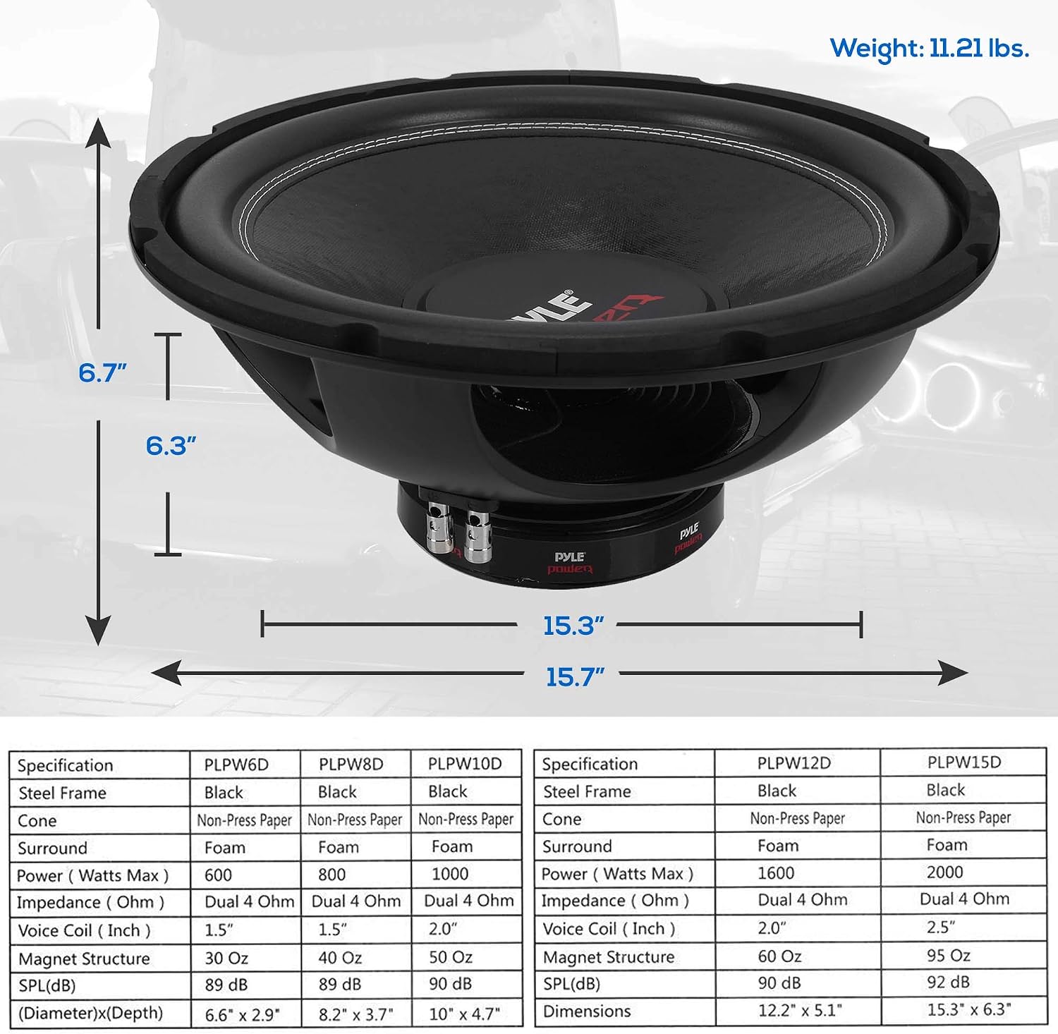 Pyle 8" Car Subwoofer Speaker - 800 Watt Dual 4 Ohm Voice Coil, Treated Foam Surround, Non-Pressed Paper Cone, 60oz Magnet - Powerful Vehicle Audio Bass Woofer for Car Stereo Systems - PLPW8D (Black)
