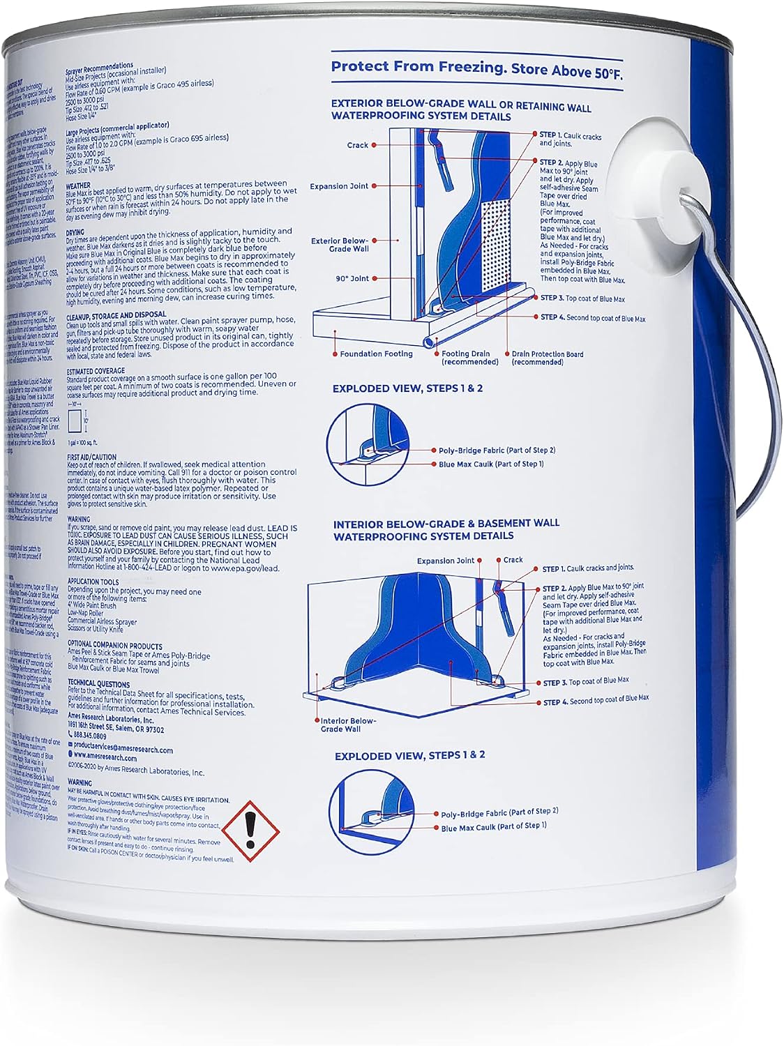 Ames Research Laboratories BMX5RG Blue MAX Waterproofer, Regular Use in Interior & Below-Grade Exterior Concrete Sealer and More. Liquid Rubber, 5 Gallon (Pack of 1), 640 Fl Oz | Ideal for waterproofing above & below grade foundations, basements, roofs,…