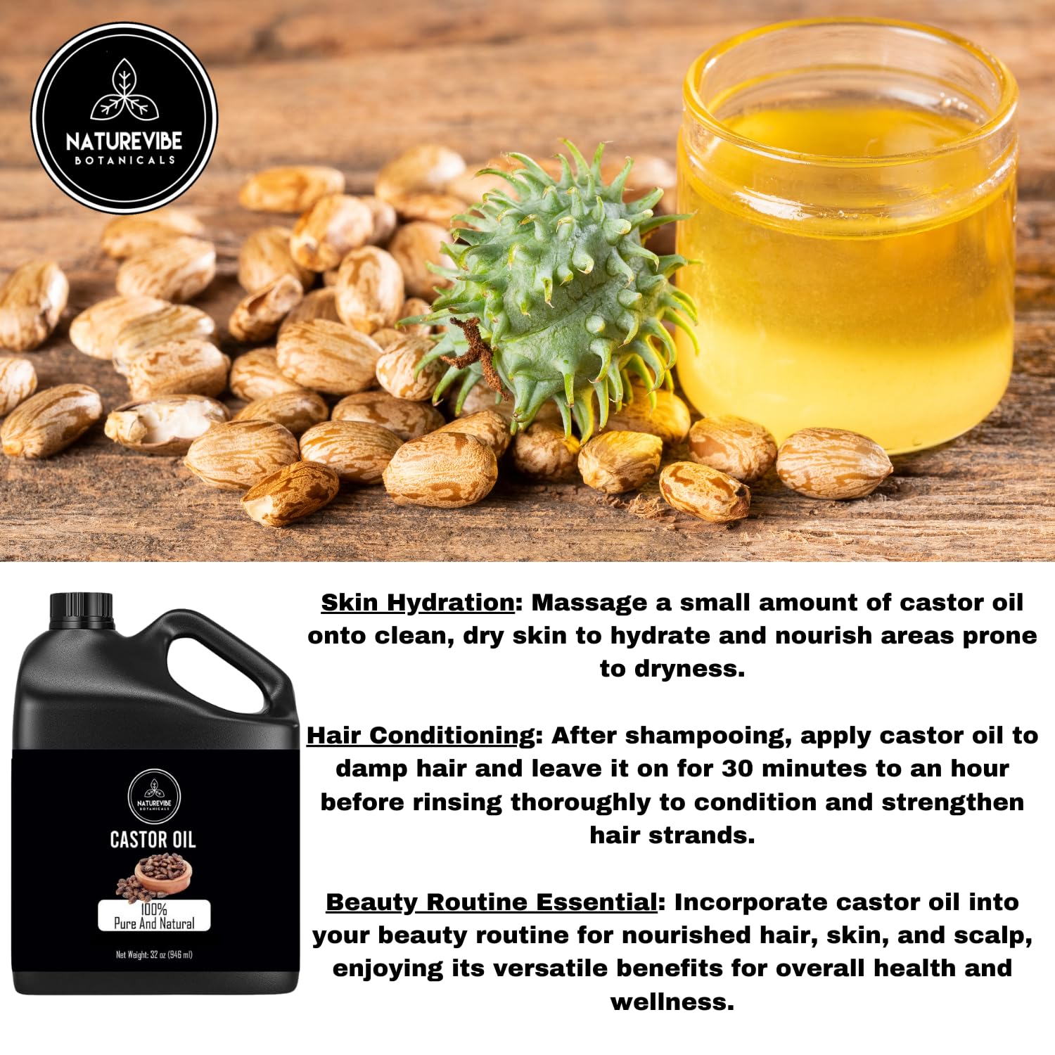 Naturevibe Botanicals Castor Oil 32 oz 100% Pure Cold-Pressed & Hexane-Free | Natural Hair, Skin & Lash Oil | Vegan, Non-GMO | Great for Hair Growth