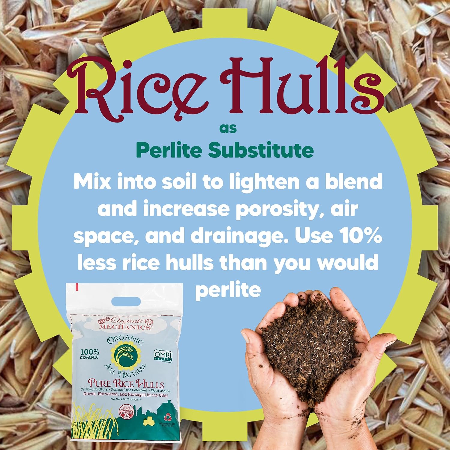 Organic Mechanics Pure Rice Hulls, 2 Cu Ft - Sustainable Alternative to Perlite - Enhances Drainage, Porosity and Air Space - Eco-Friendly