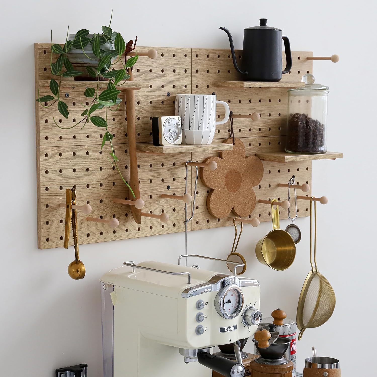 Wooden Pegboard Modular Display Organization Storage Wall Hooks Shelf(Color:Oak)