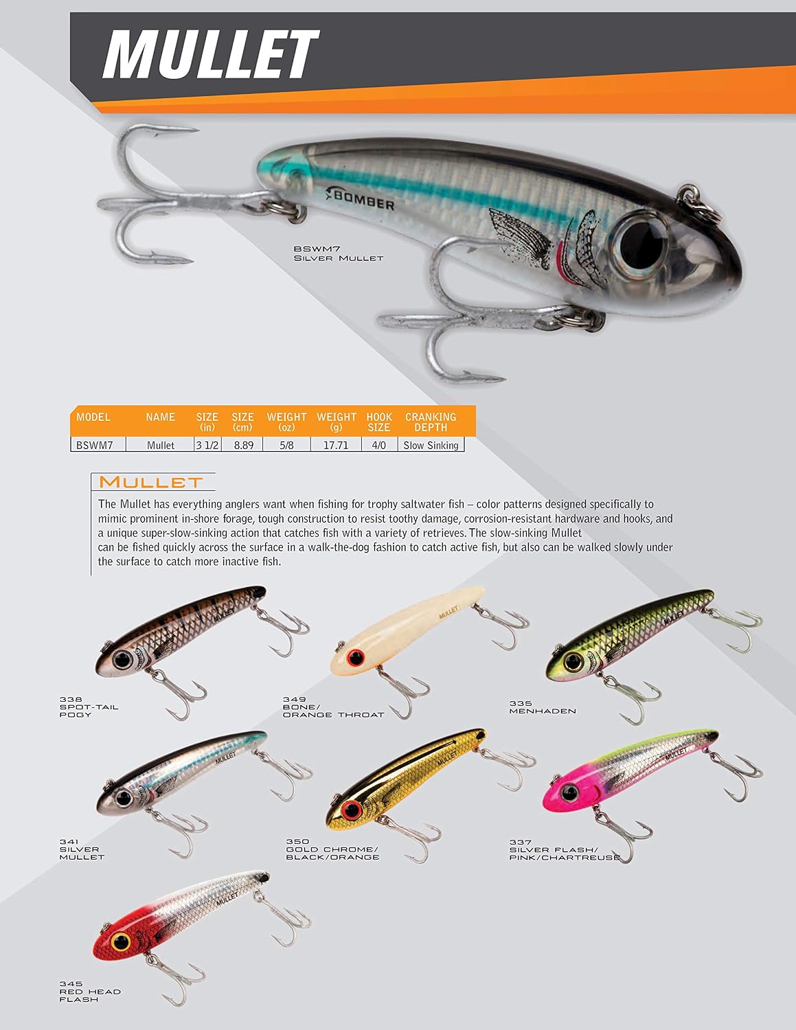 Bomber Lures Mullet Slow-Sinking Twitch / Walking Saltwater Fishing Lure - Excellent for Speckled Trout, Redfish, Stripers and More, 3 1/2 Inch, 5/8 Ounce