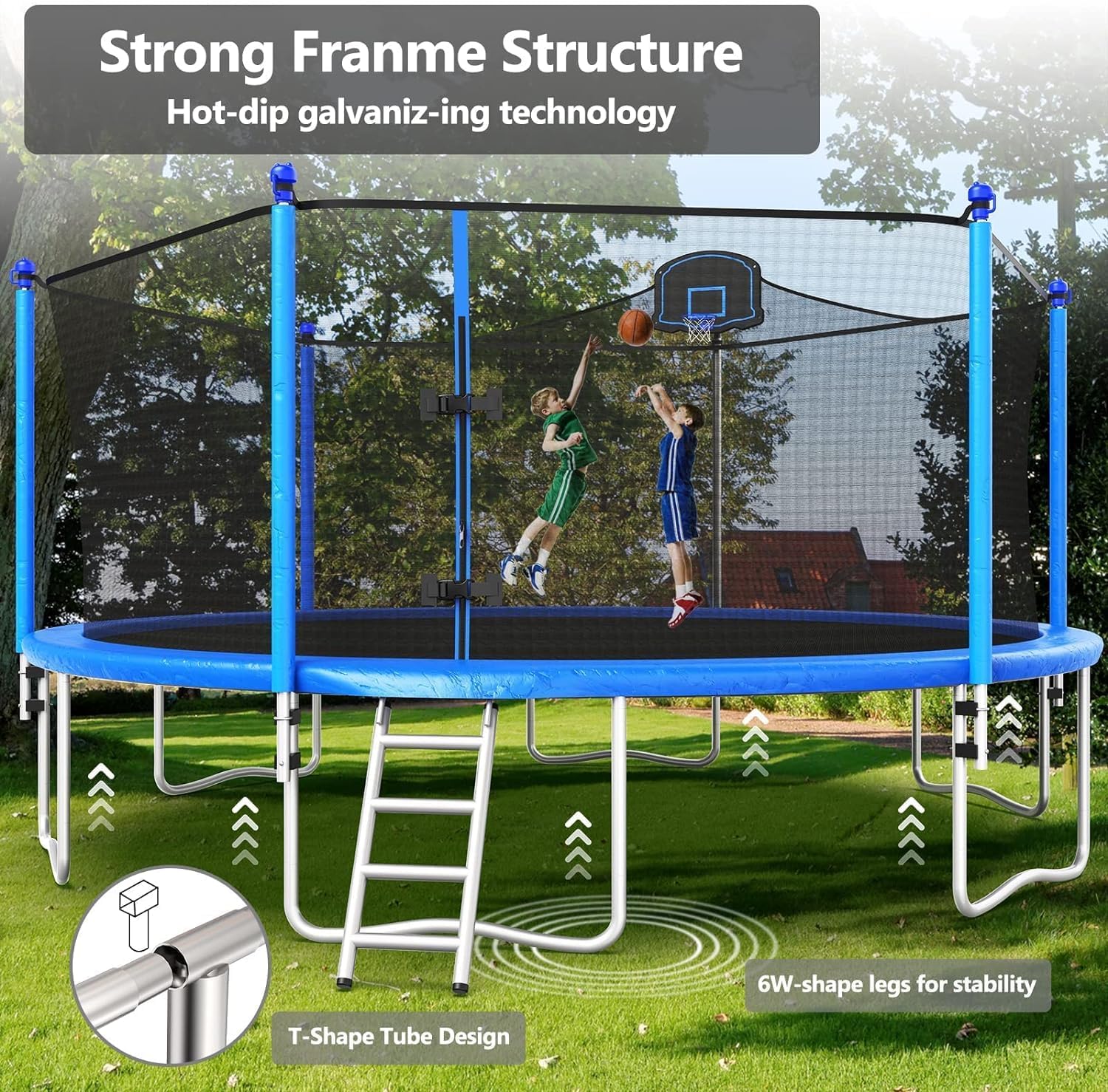 10 12 14 16FT Trampoline Outdoor, Light/Sprinkler/Basketball Hoop | Large Recreational Trampoline for Kids and Adults, Heavy Duty Yard Trampolines with Enclosure Net, ASTM Approval
