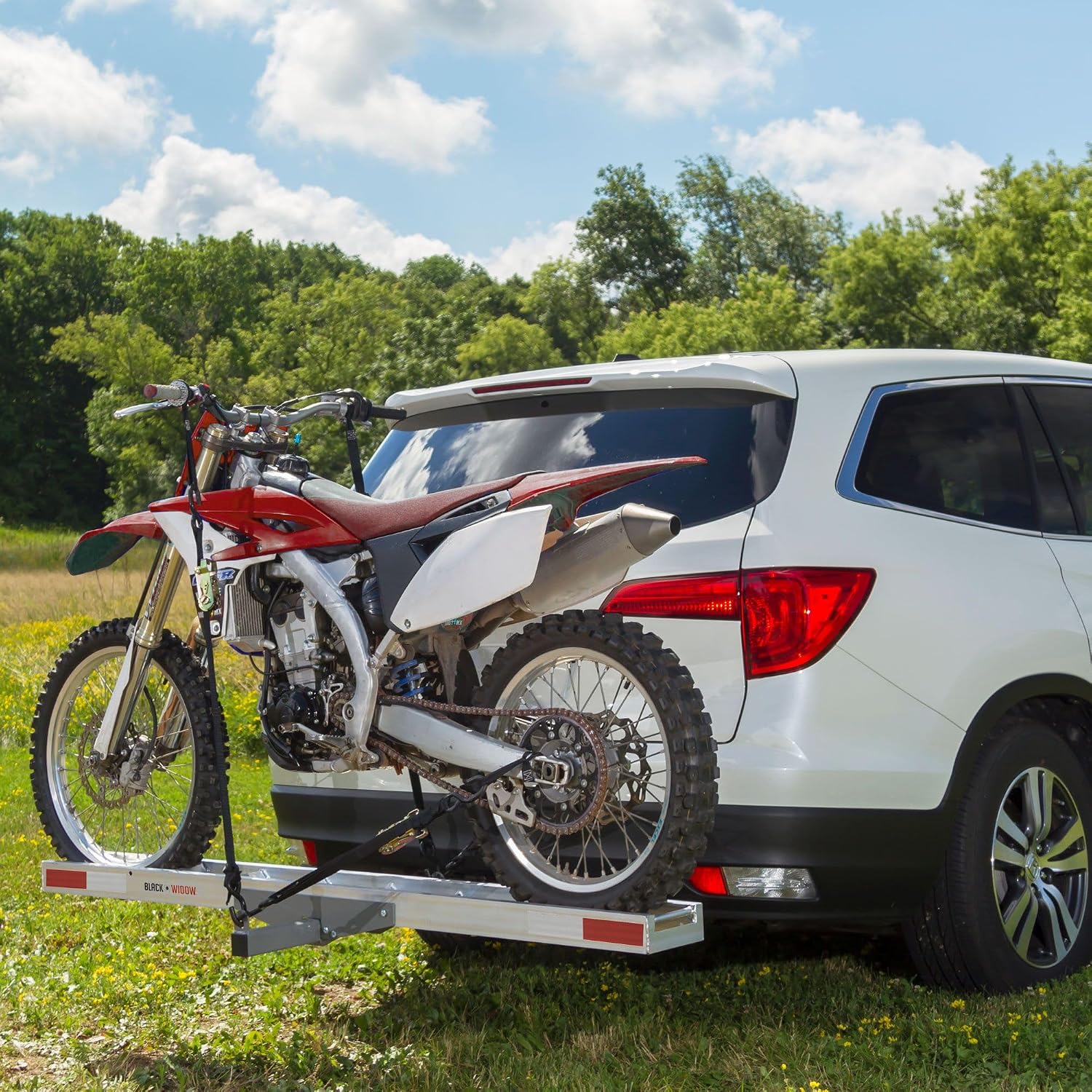 Black Widow Aluminum Dirt Bike Hitch Carrier with Ramp, 400 lb Capacity | Non-Folding Motorcycle, eBike & Fat Tire Bike Hauler for Truck & SUV, Fits 2-Inch Class III/IV Hitch Receiver