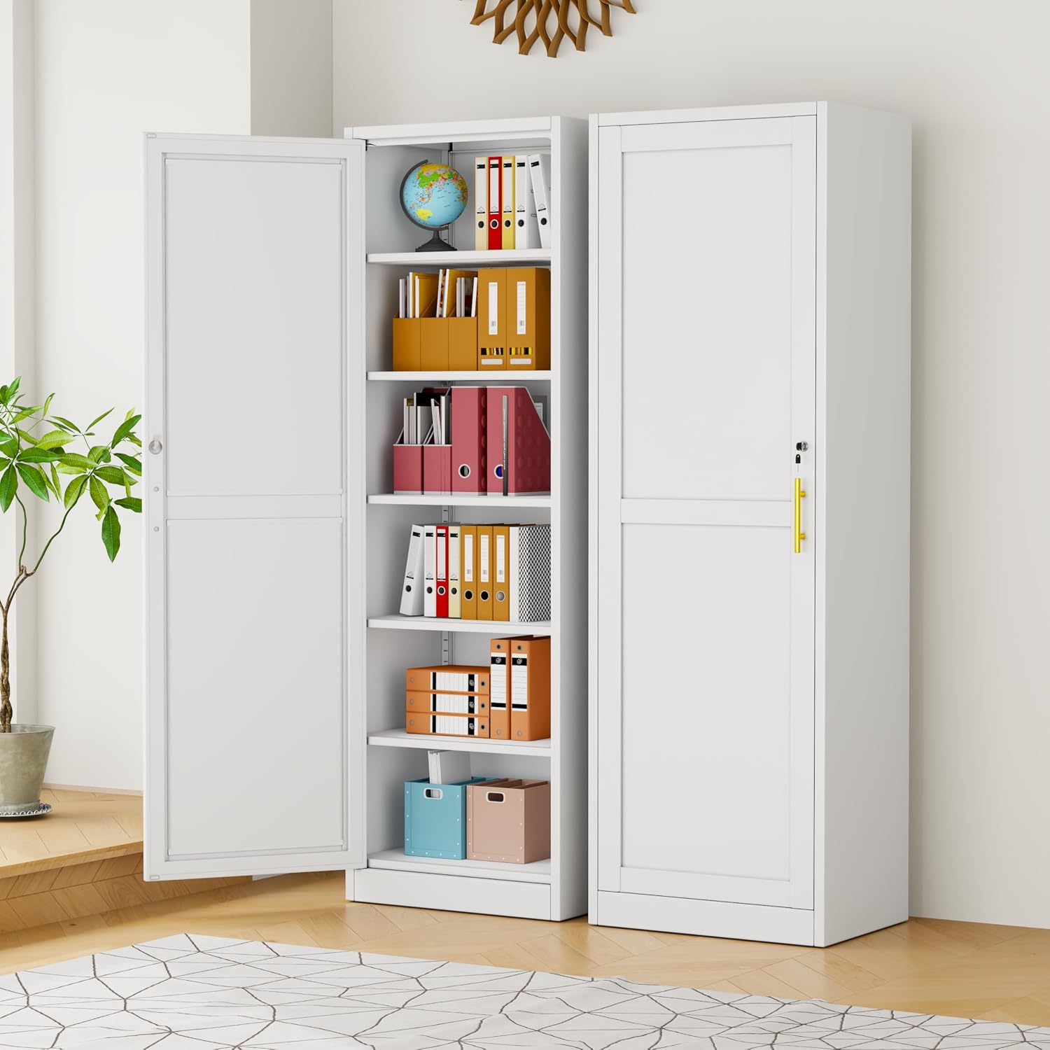 pozdeg 67" Tall Narrow White Metal Storage Cabinet | 2 Doors, 4 Adjustable Shelves, Freestanding Slim Pantry Organizer for Bathroom Kitchen Living Room