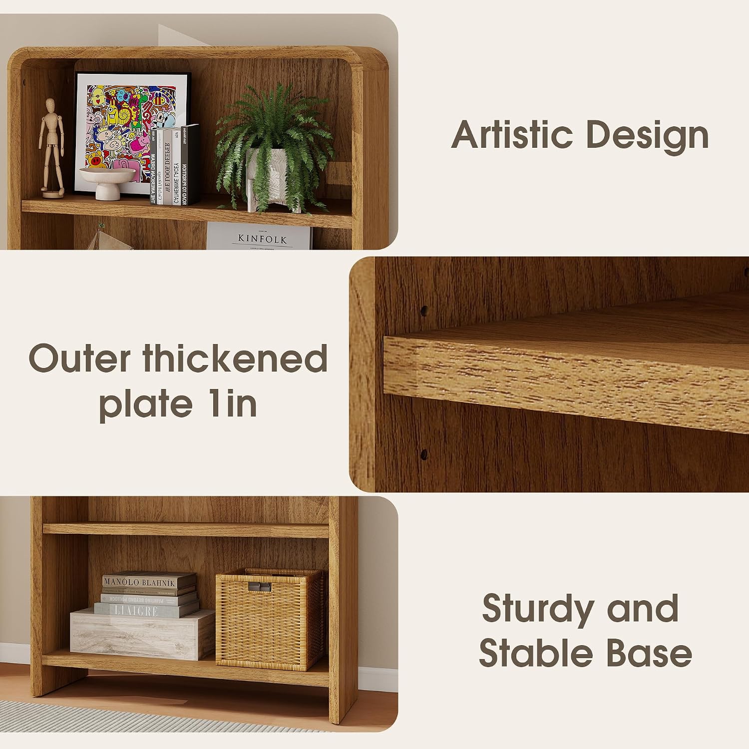 Bevfint 44" Bookcase Tall 3 Shelves Wood Bookshelf with Curved Soft Edges, Heavy Duty Storage Cabinet for Professional Home Office and Living Room, Modern Natural Oak Grain Finish