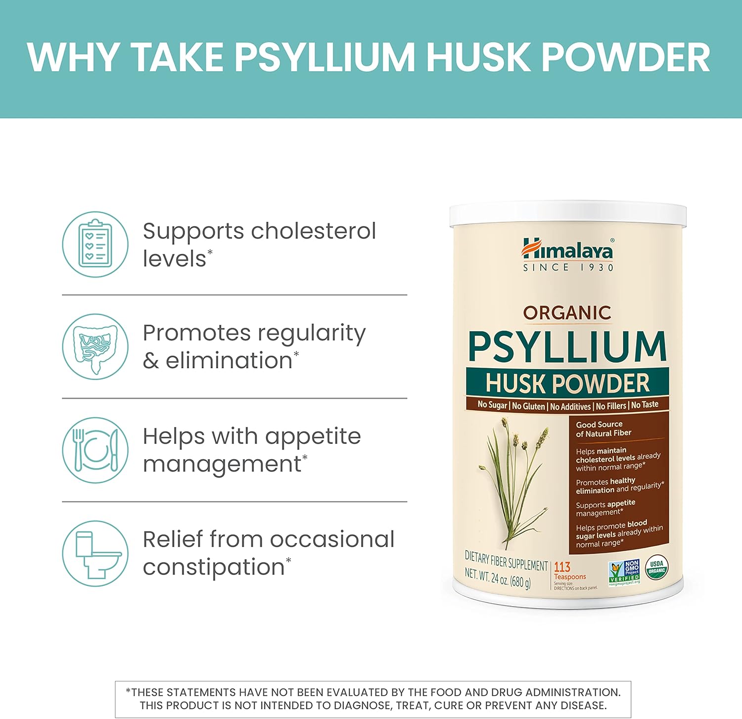 Himalaya USDA Organic Psyllium Whole Husk Powder, Natural Daily Fiber Supplement, Regularity, Appetite Management, Non-GMO, 56-Tablespoon Supply, Unflavored, 12 Oz