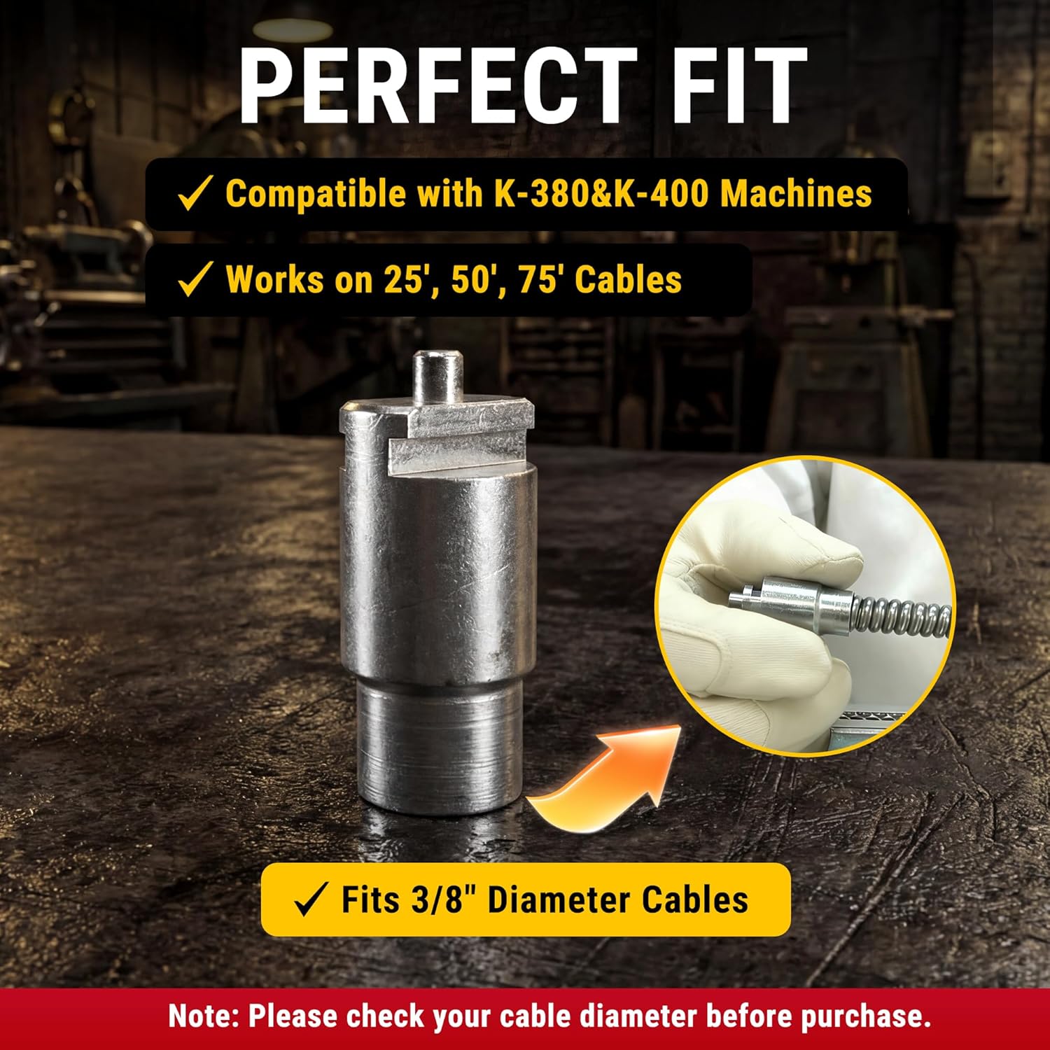 Drain Cable Repair End Bit – Compatible with K-380 & K-400 Drain Cleaning Machines, Fits 3/8" x 25', 50'