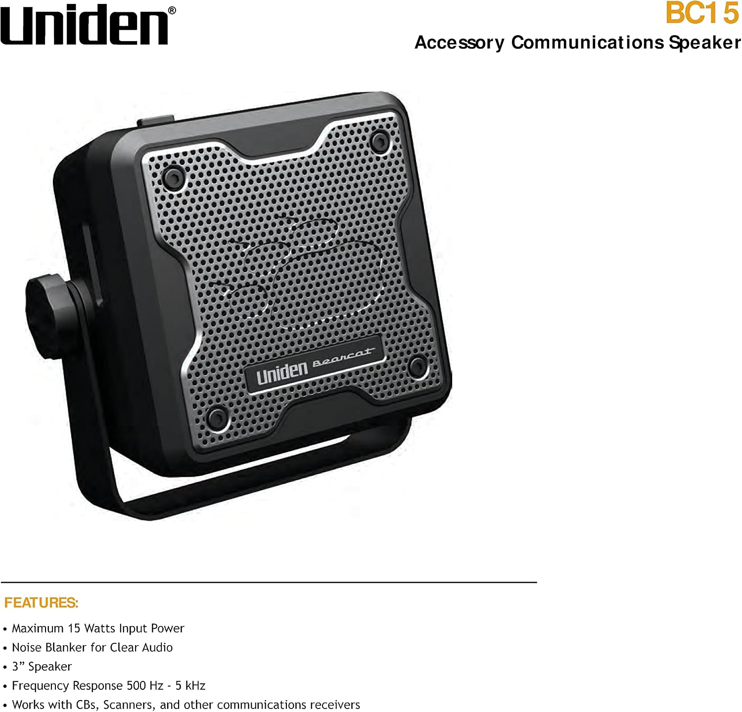 Uniden (BC15) Bearcat 15-Watt External Communications Speaker. Durable Rugged Design, Perfect for Amplifying Uniden Scanners, CB Radios, and Other Communications Receivers, Black