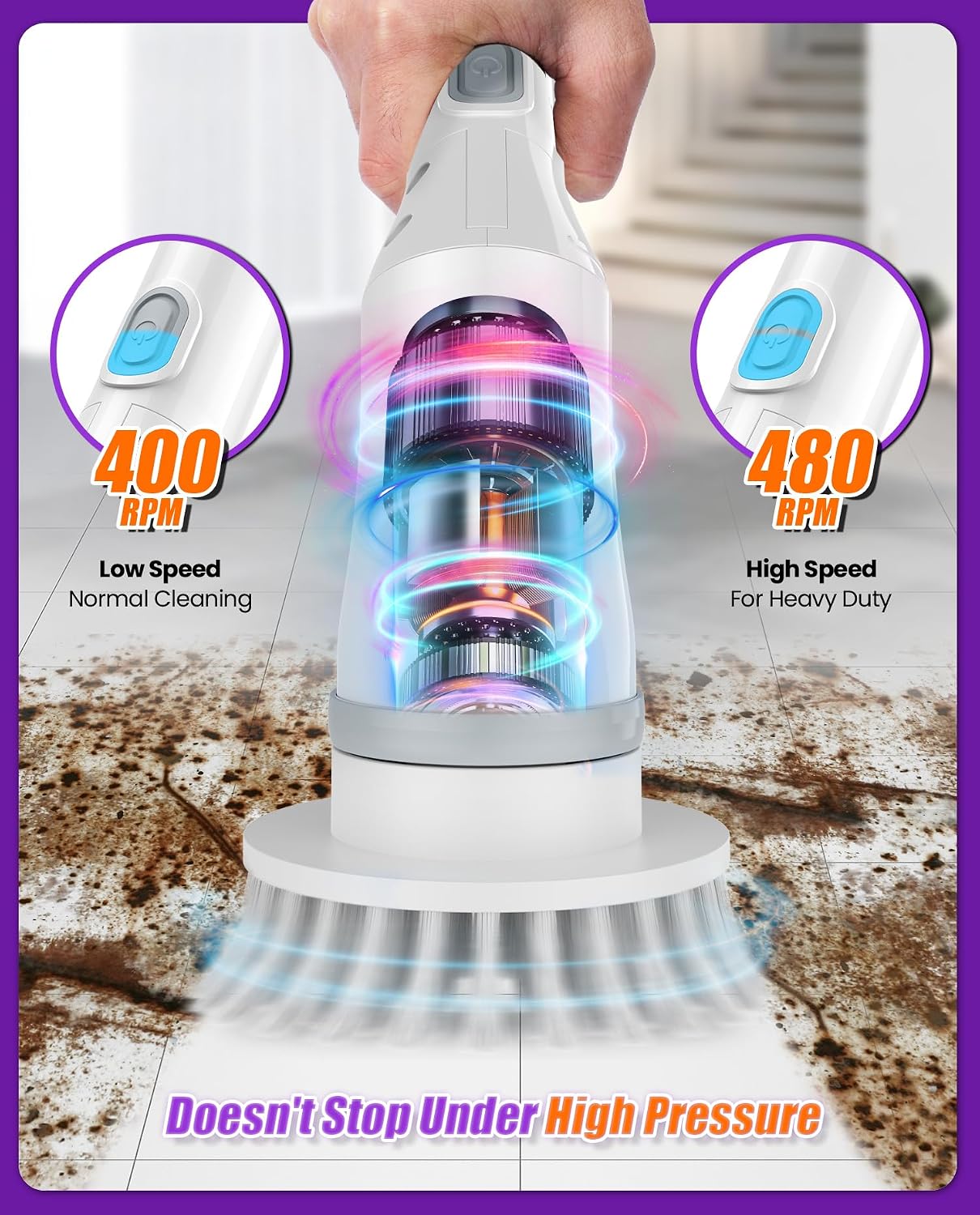 6-in-1 Cordless Electric Spin Scrubber with Long Handle | Power scrubber, bathroom scrubber, 47.2 in long handle, 2 speed scrub brush, IPX7 rated body, kitchen, tile, tub, floor