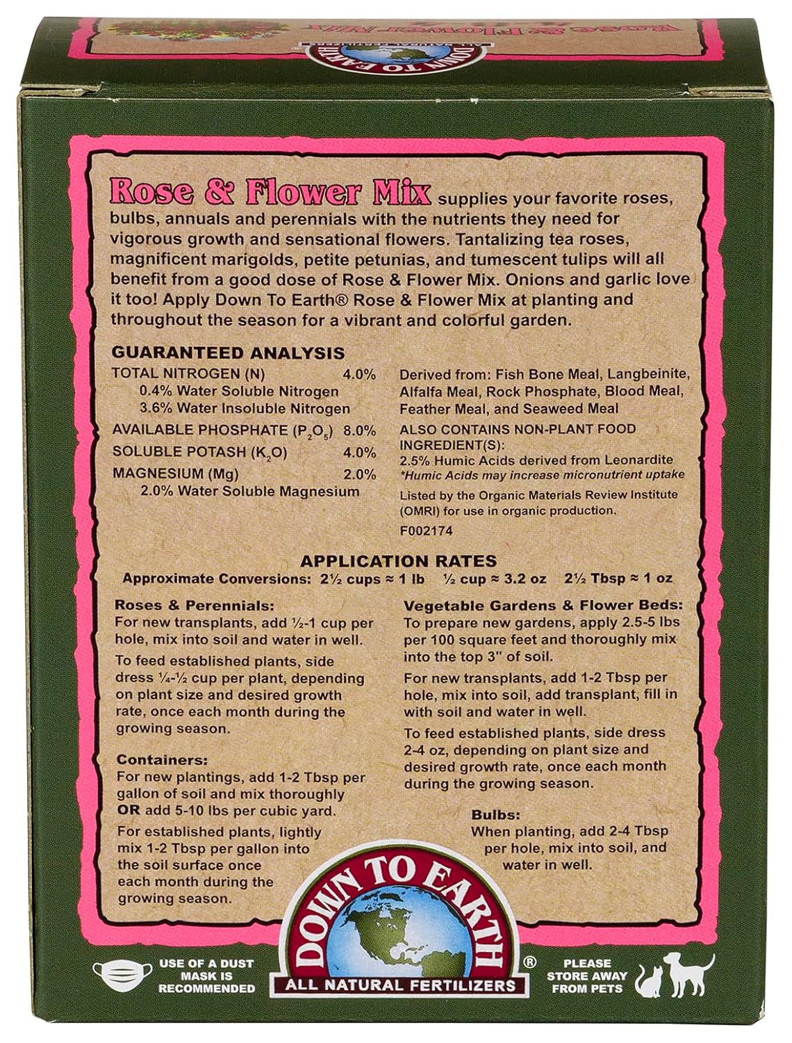 Down To Earth All Natural Fertilizers Organic Rose & Flower Mix - 1 lb | Plant Food for Roses, Bulbs, Flowers, Ornamentals, Perennials, 4-8-4 Formula for Flower Beds, Container Gardens