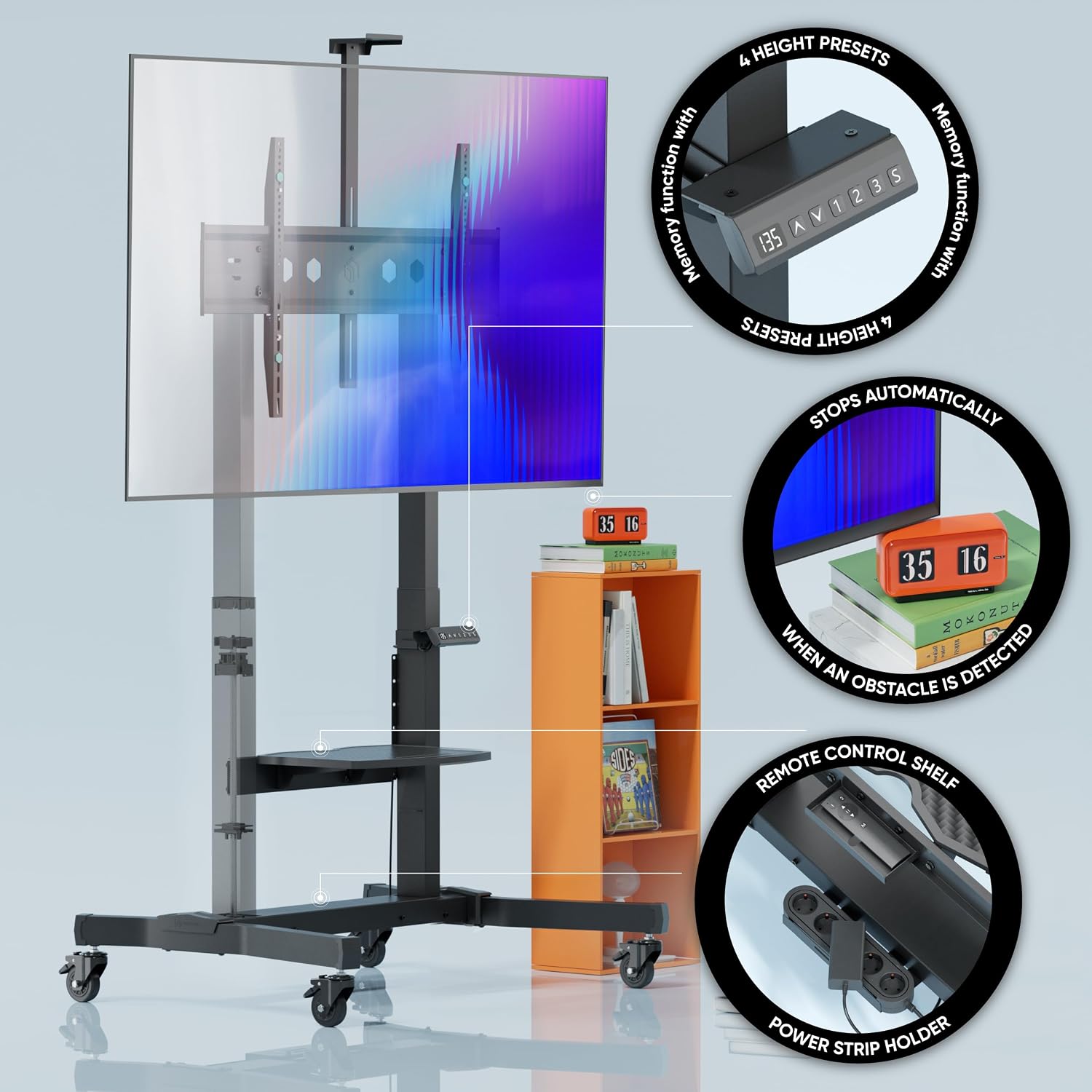 ONKRON Motorized TV Stand 50-100", up to 265 lbs, max VESA 1000x600, Black | Electric TV lift height adjustable 44.5"-63", remote, tilt