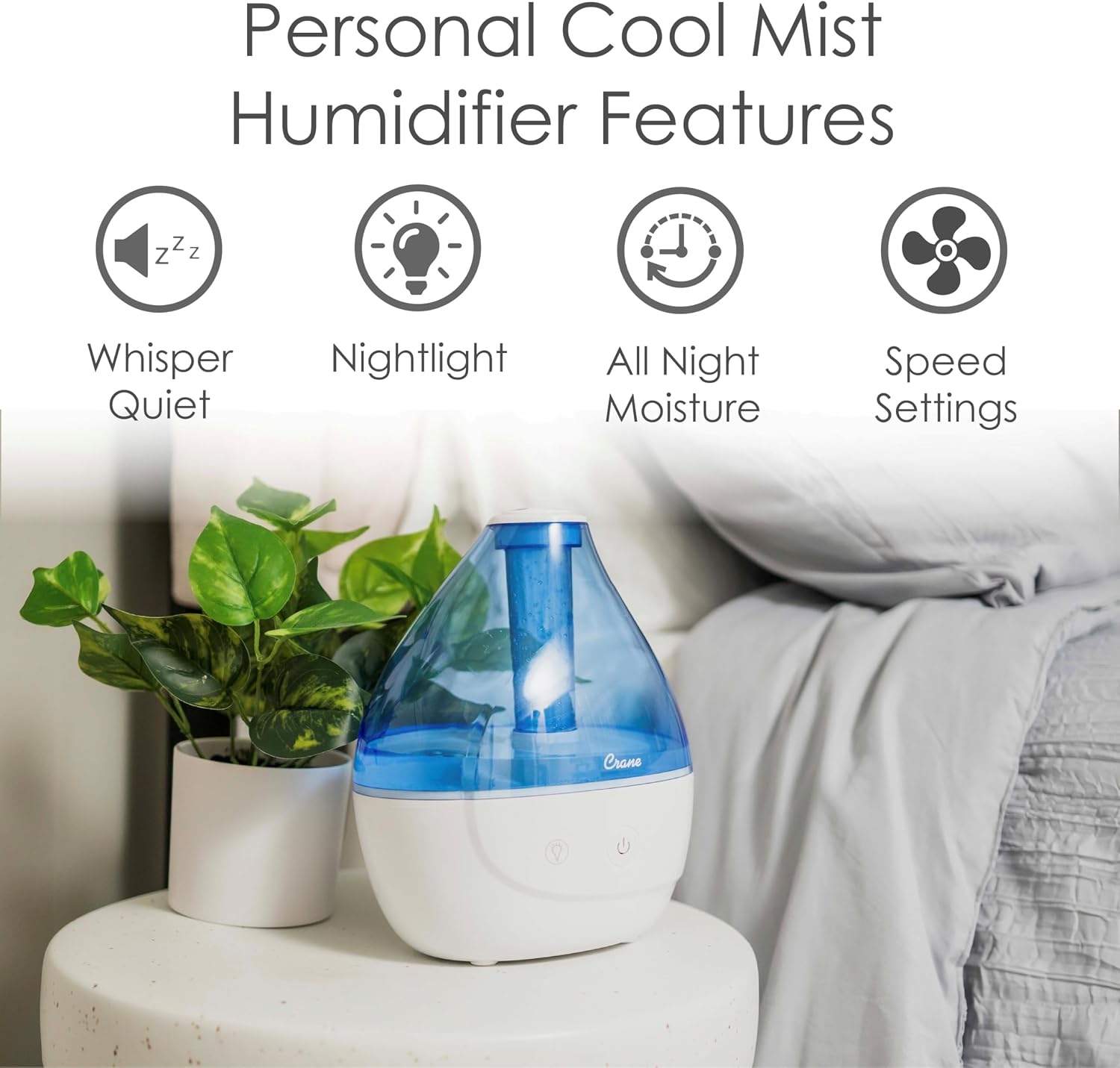 Crane Personal Ultrasonic Cool Mist Travel Humidifier and Vaporizer for Congestion Relief, 360° Adjustable Nozzle, Filter-Free .75 Liter Tank, Blue/White, Office Humidifier
