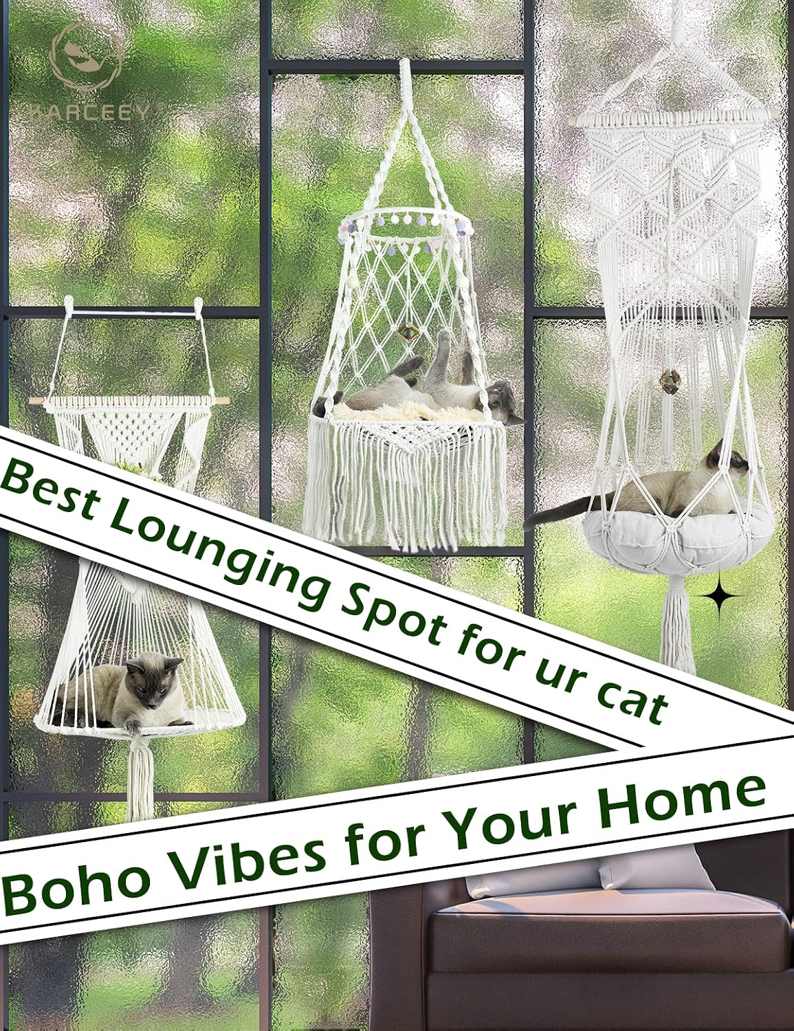 KARCEEY Macrame Cat Hammock Hanging Bed - Boho Wall Swing with Catnip Cushion for Wall Climber & Window Perch - Hardware Kit Included